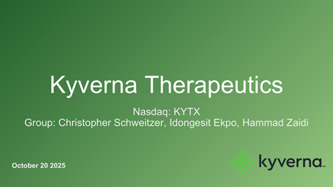 Kyverna Therapeutics presentation slide with green background, displaying the company name, Nasdaq ticker symbol KYTX, group member Christopher Schweitzer, and event details from October 20, 2025.