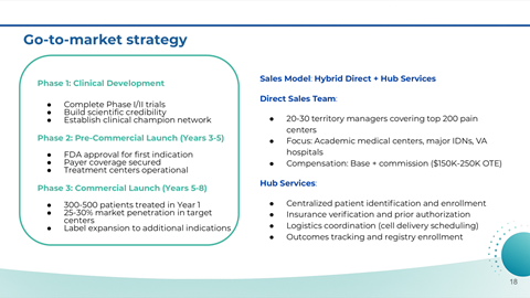 Slide titled 'Go-to-market strategy' with three phases of clinical development outlined, details about sales model, direct sales team, and hub services, including key points on market coverage and operational focus.