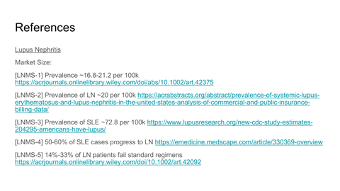 Screenshot of a references page listing sources on lupus nephritis, prevalence rates, and treatment regimens.
