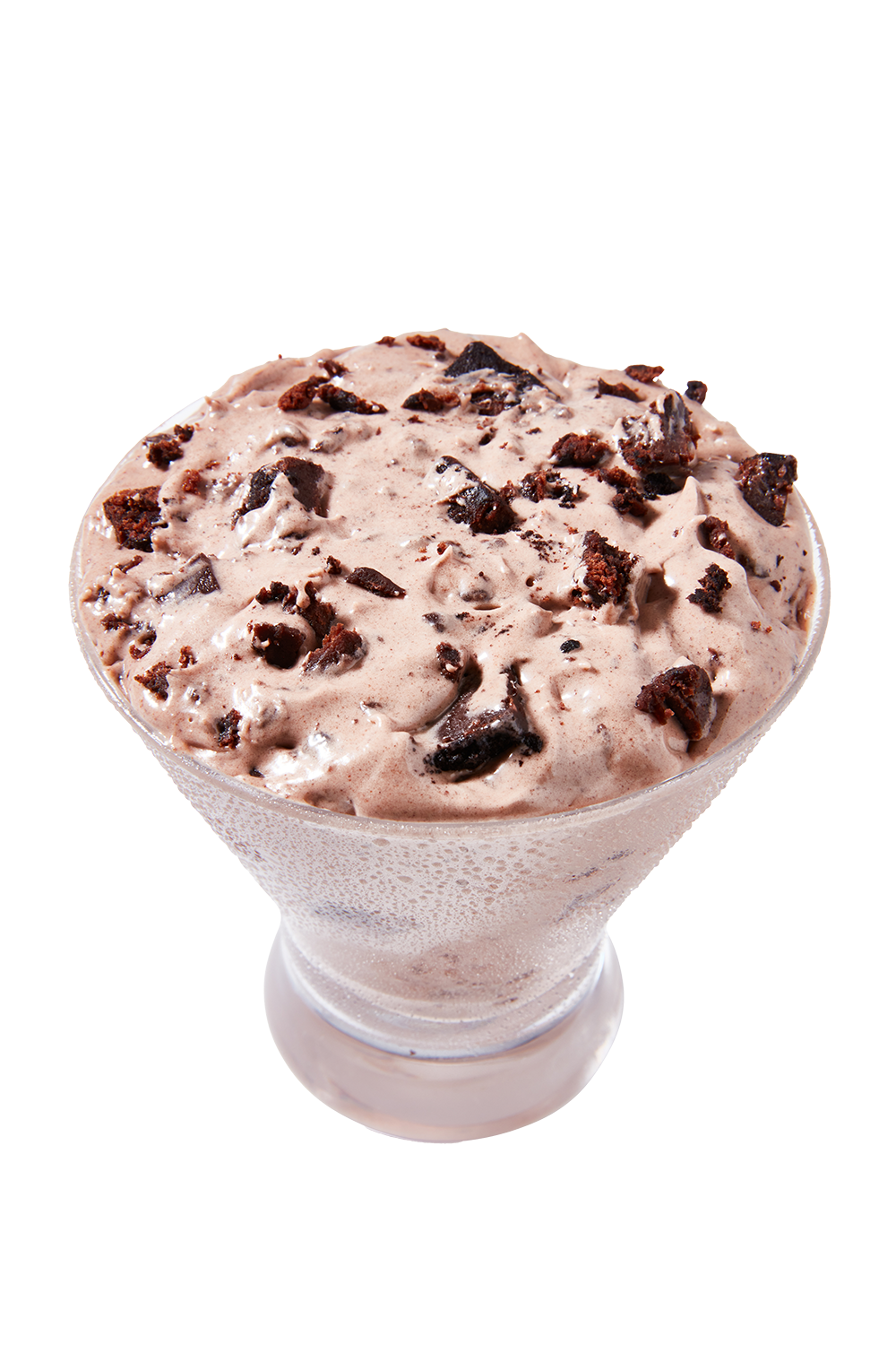 A glass bowl of cookies and cream ice cream with chocolate cookie chunks.