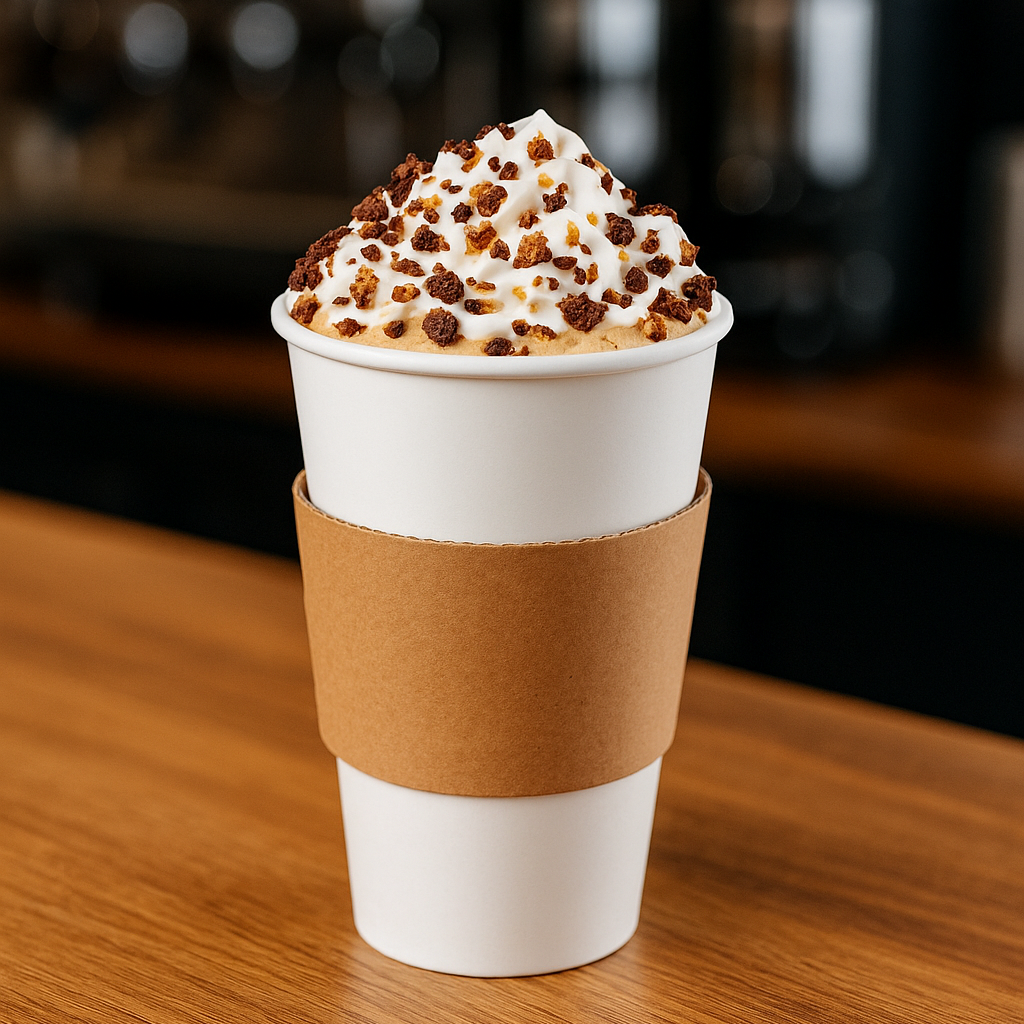 Caramel coffee topped with whipped cream and chocolate sprinkles in a white paper cup with a brown sleeve, on a wooden table.