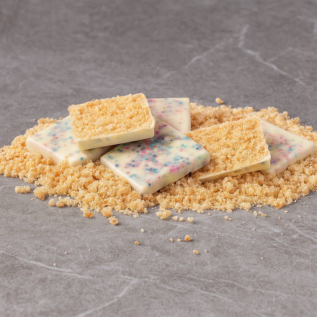 White chocolate bark with colorful sprinkles on a bed of crushed cookies