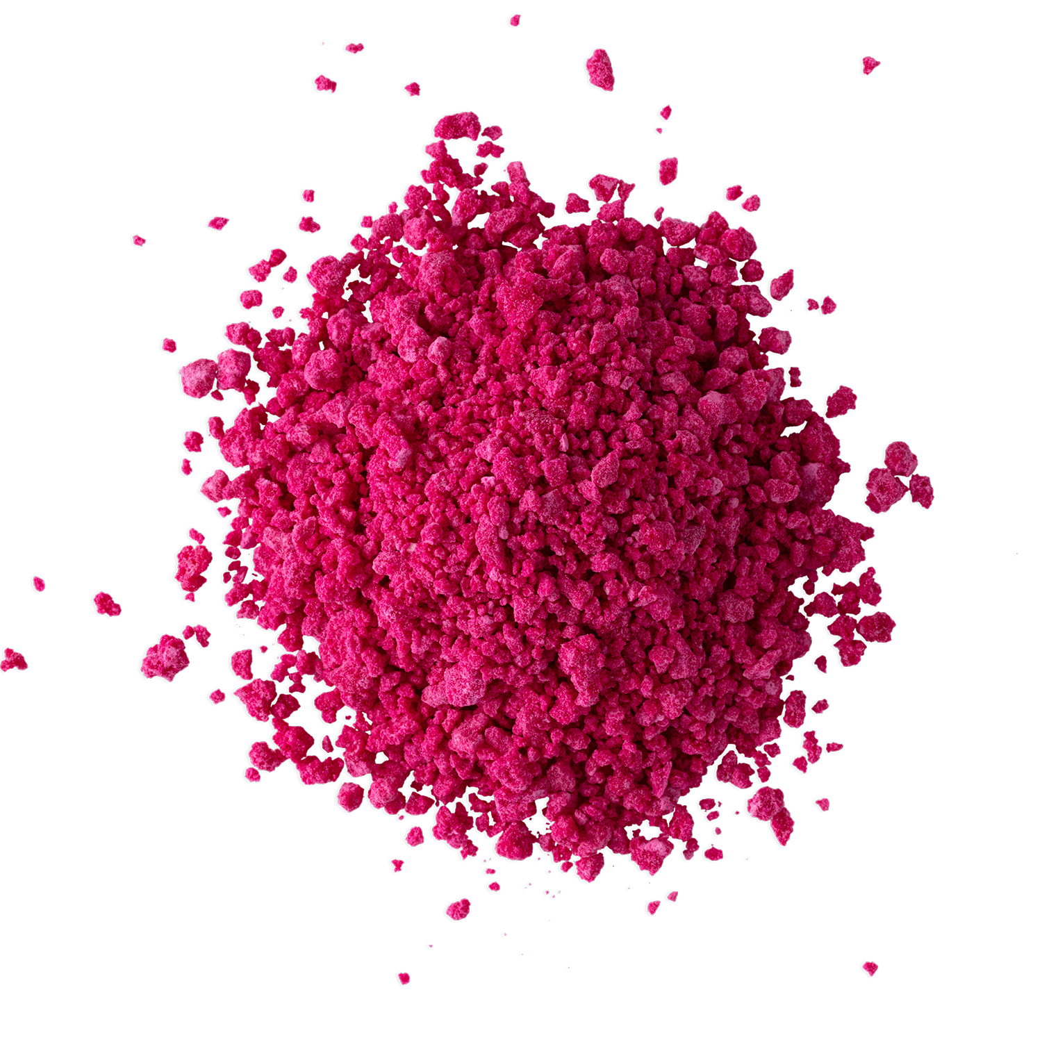 A detailed, high-resolution microscopic image of a pink, irregularly shaped cluster of particles or cells, with a rough textured surface and small protrusions, set against a black background.