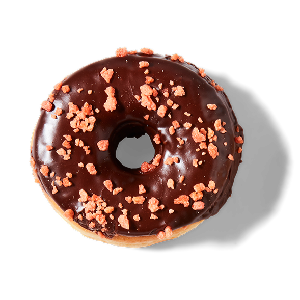 Chocolate glazed donut with pink crumble topping on a black background.