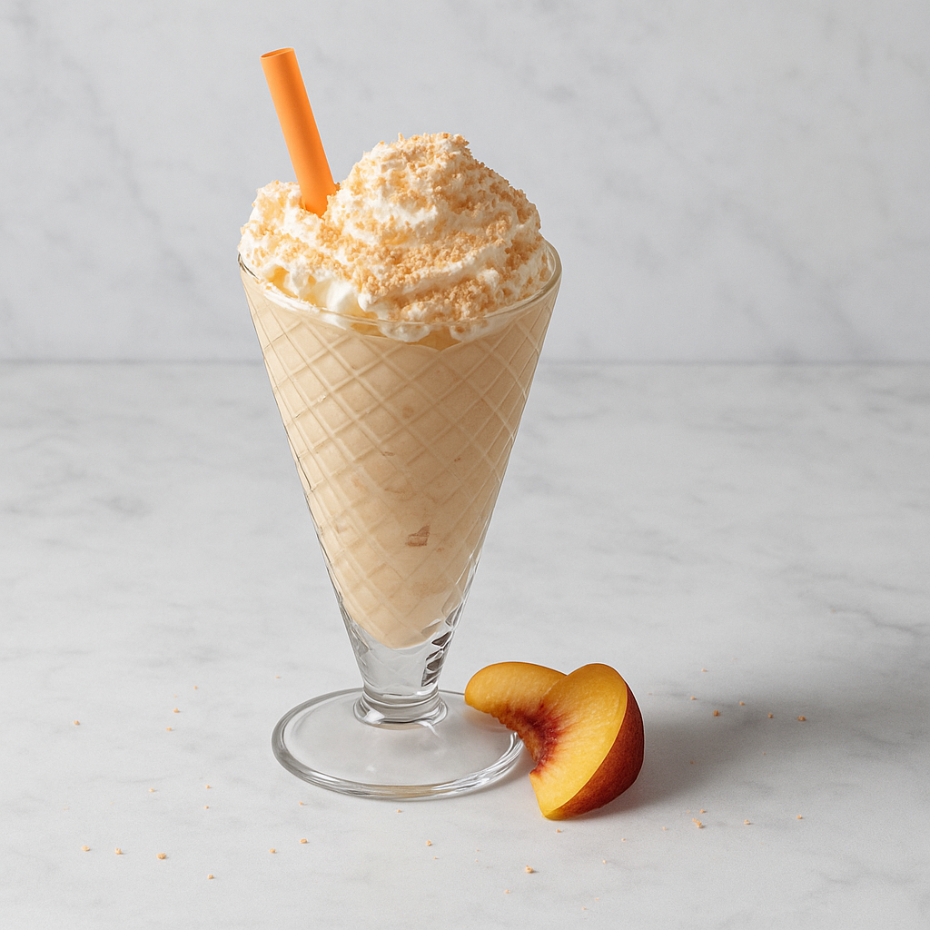 A glass of peach-flavored ice cream with a peach slice next to it.