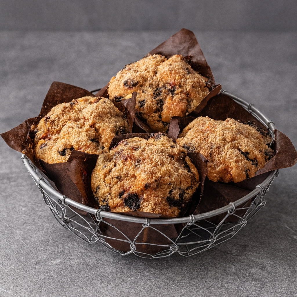 A small metal basket containing four blueberry muffins with a golden brown, crumbly topping, lined with dark brown paper, on a gray surface.