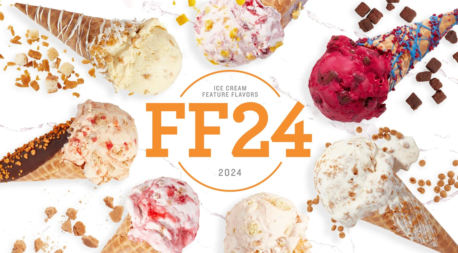 Variety of ice cream cones and scoops with different flavors and toppings, centered around a circle with the text 'FF24 2024' and 'Ice Cream Feature Flavors'.