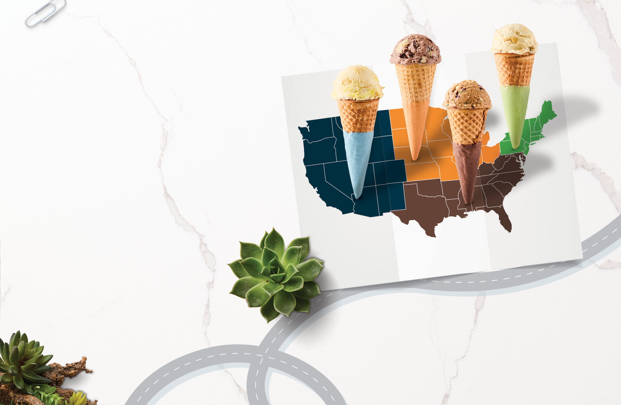 A map of the United States with ice cream cones over different regions, and succulents at the bottom left corner of the image.