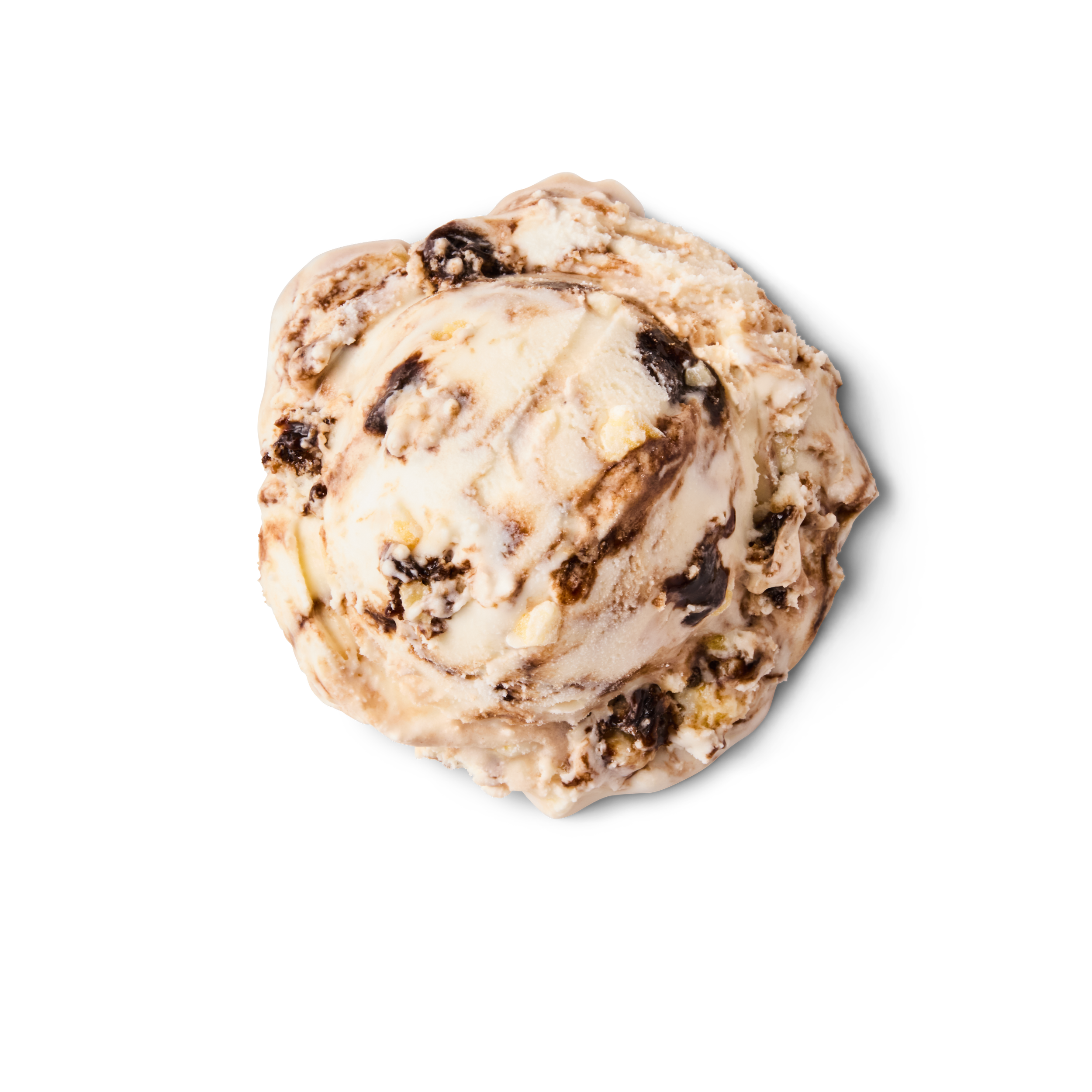 Close-up of a scoop of vanilla ice cream with chocolate chunks and swirls on a black background.