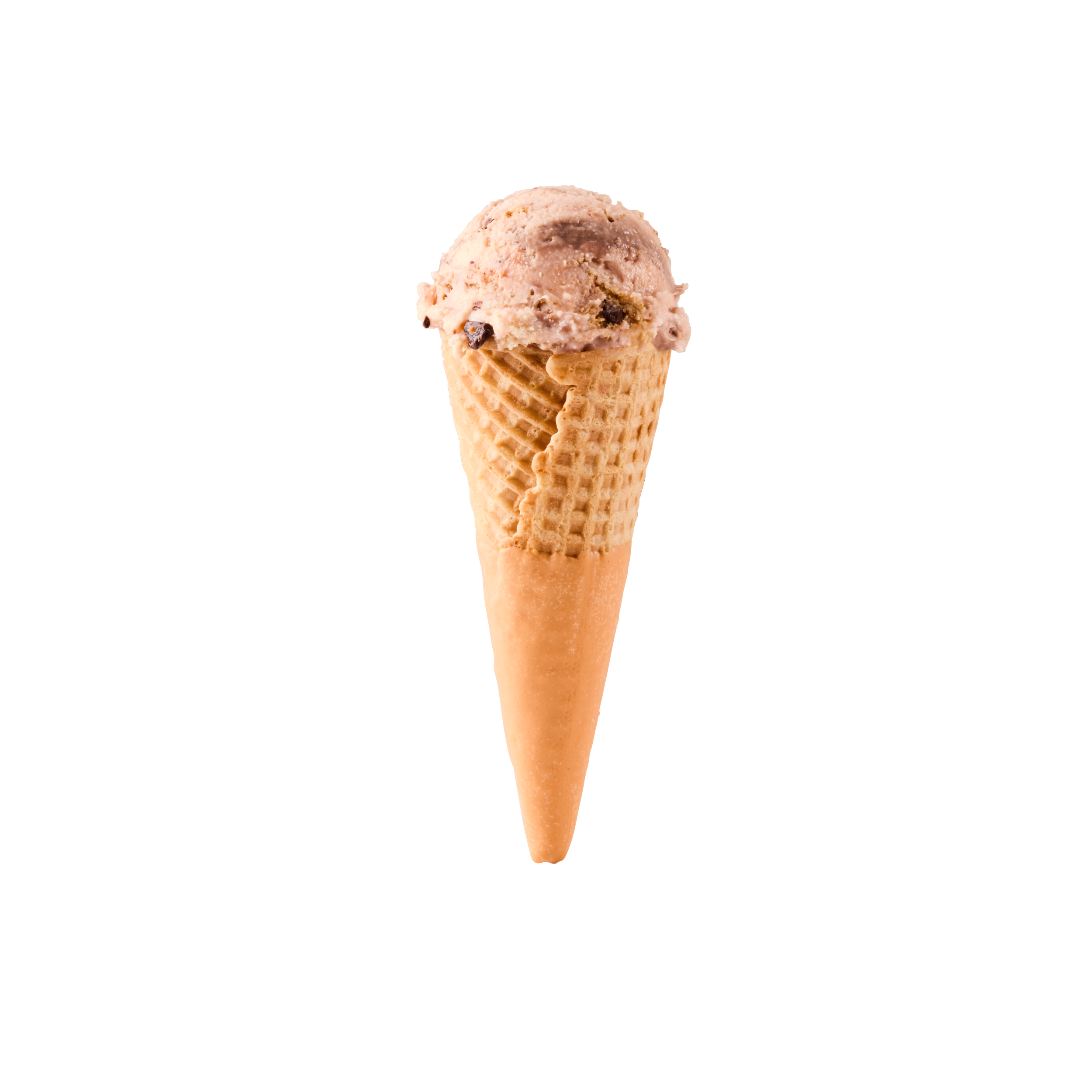 Ice cream cone with a scoop of chocolate chip ice cream against a beige background.