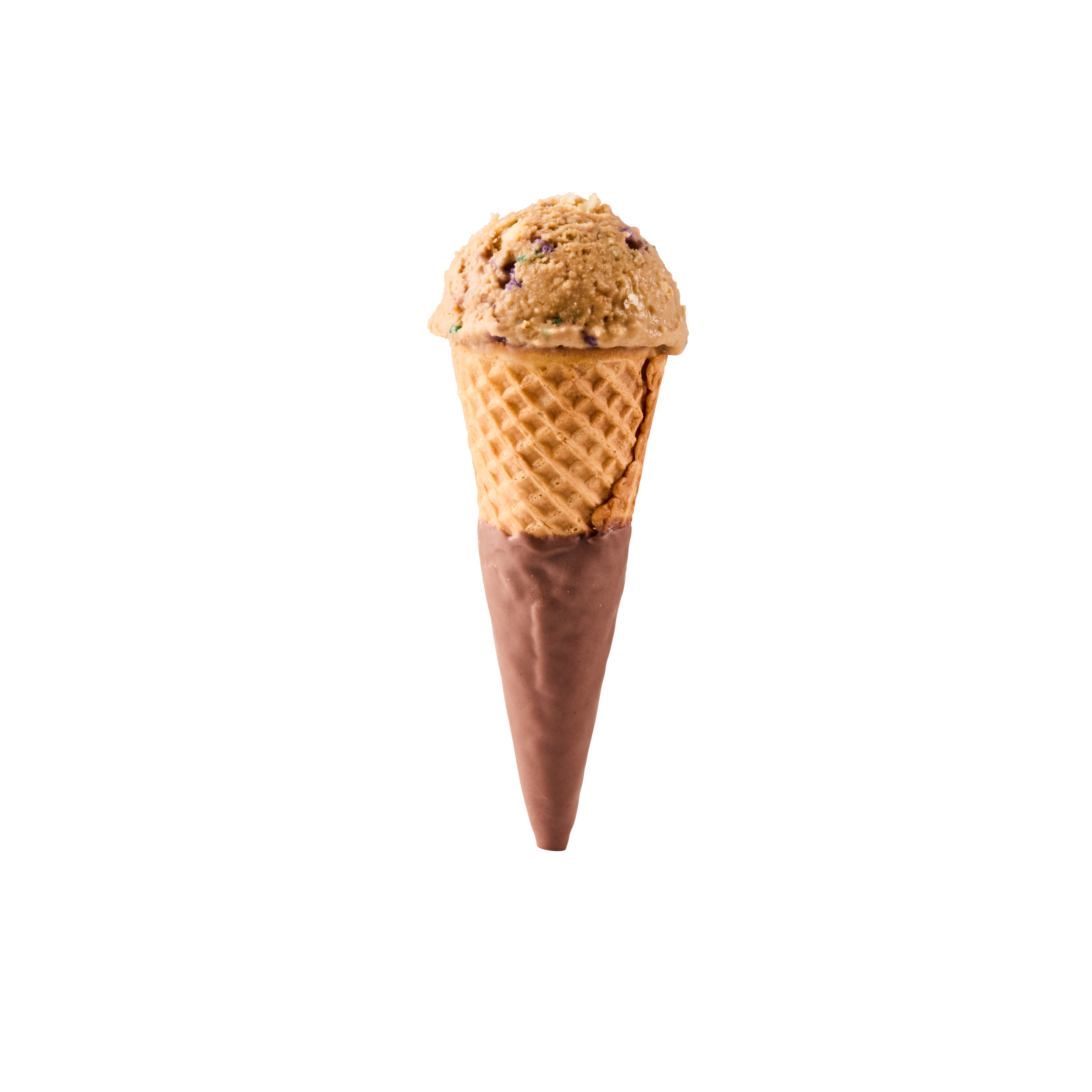Ice cream cone with a scoop of beige ice cream and chocolate coating at the bottom.