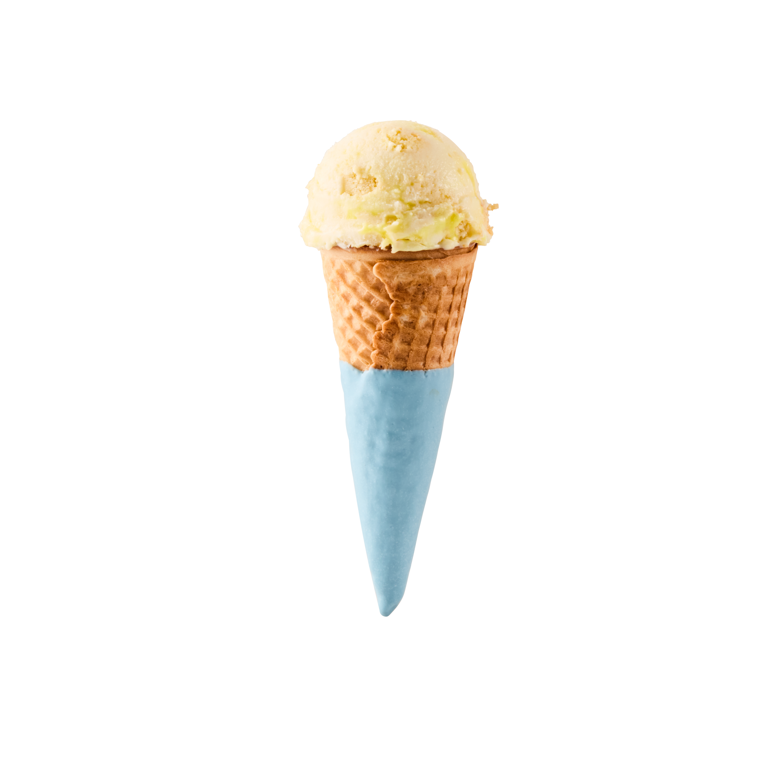 Ice cream cone with a scoop of pale yellow ice cream, in a brown waffle cone wrapped in light blue paper.