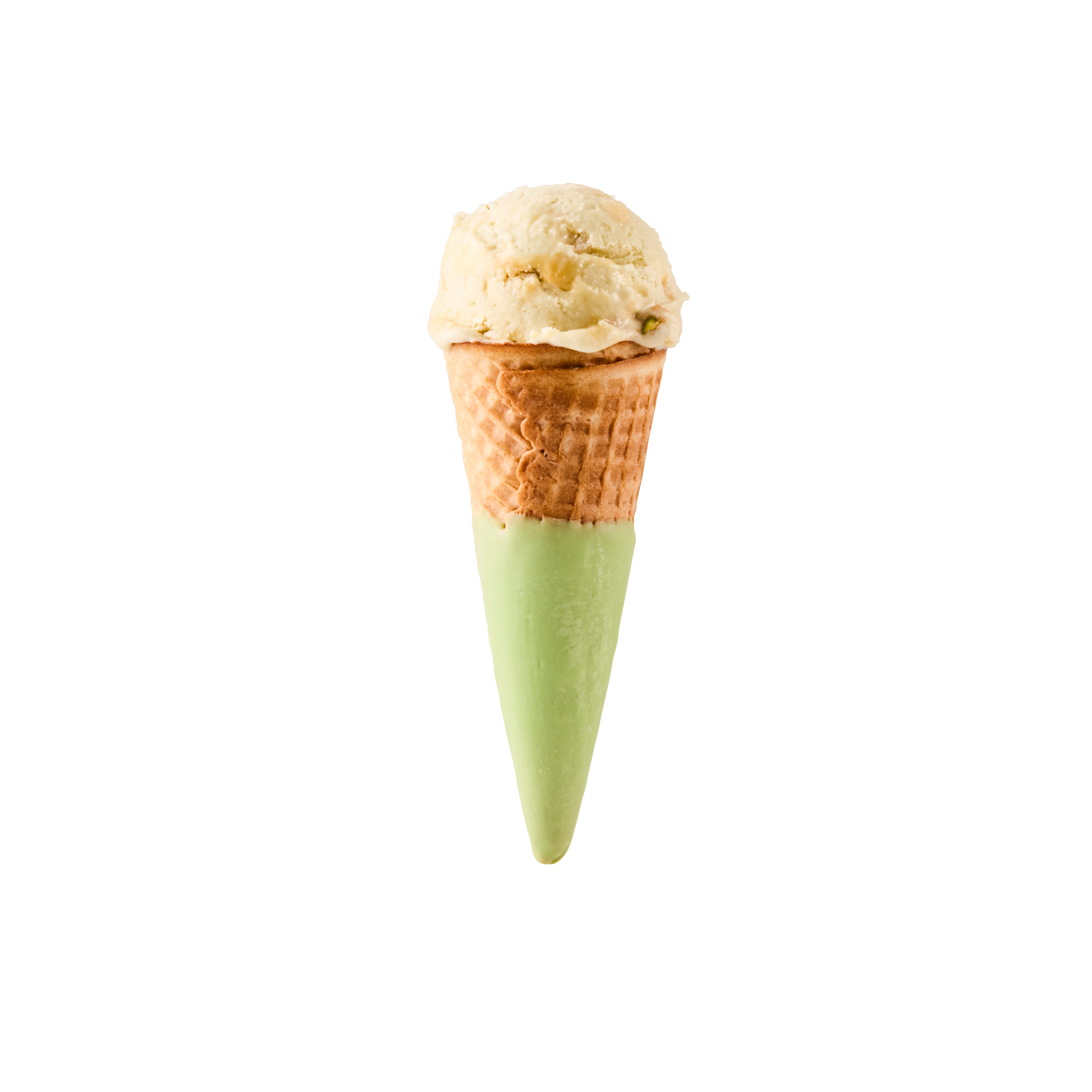 Ice cream cone with vanilla ice cream on top and mint chocolate chip ice cream in the cone.