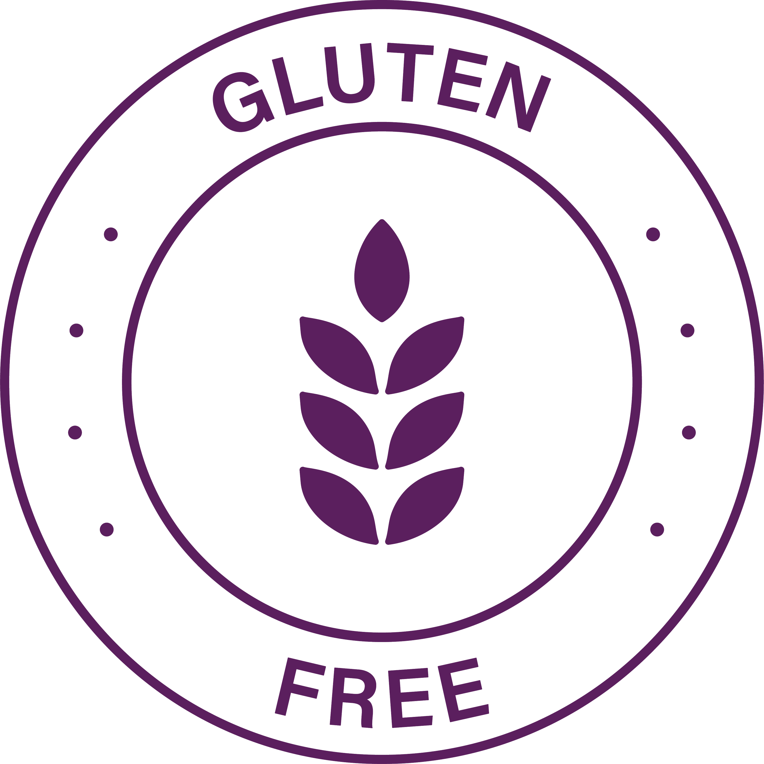 Gluten-free label with a purple wheat stalk icon enclosed by circles and the words 'Gluten Free' at the top and bottom.