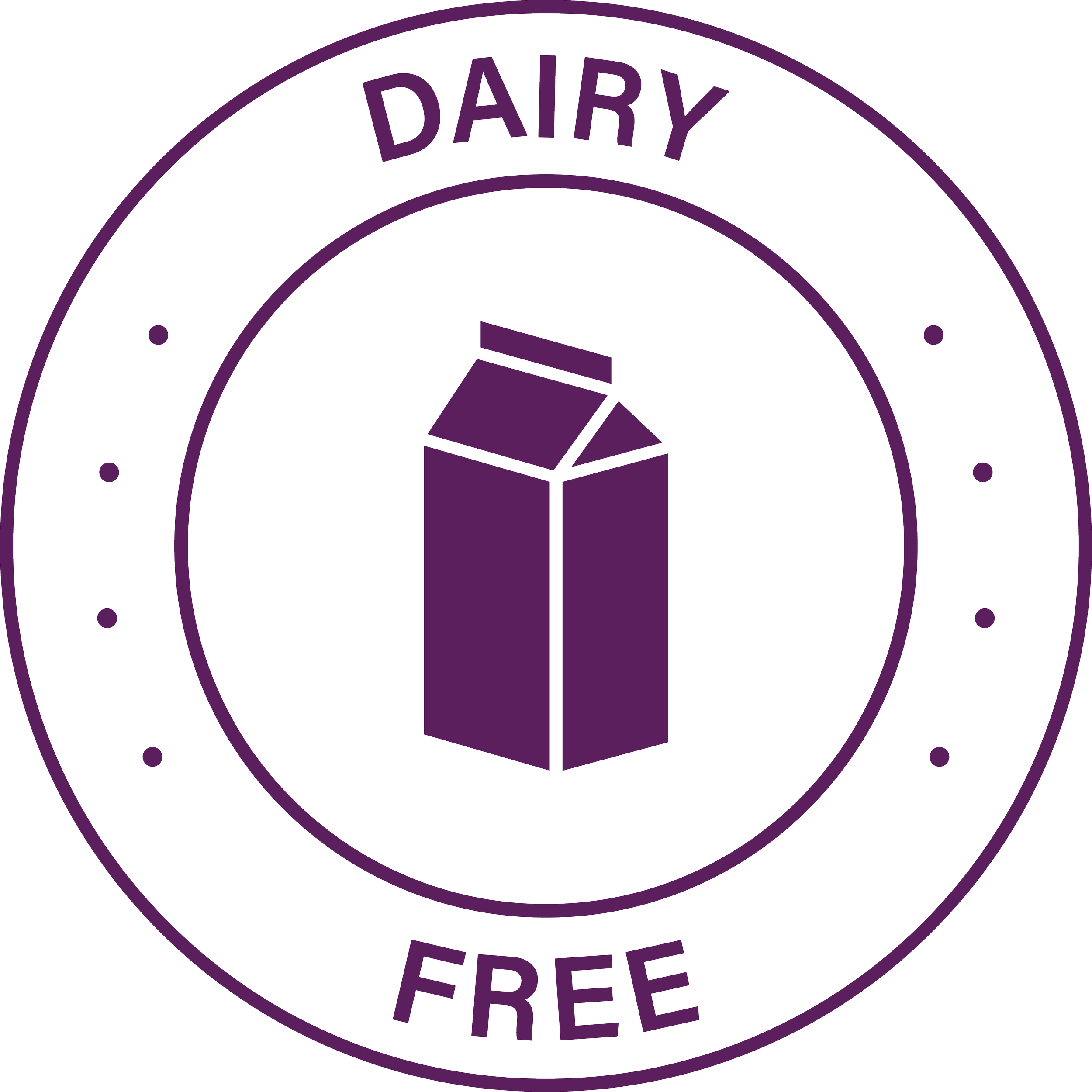 A circular logo with purple outlines and text reading 'Dairy Free'. The center features a purple outlined carton of milk.