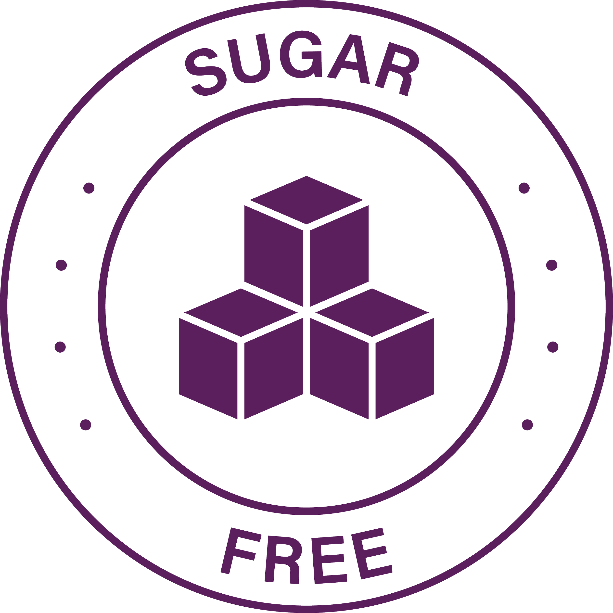 A purple and black circular badge with the text 'Sugar Free' at the top and bottom, featuring three purple cubes in a pyramid formation in the center.