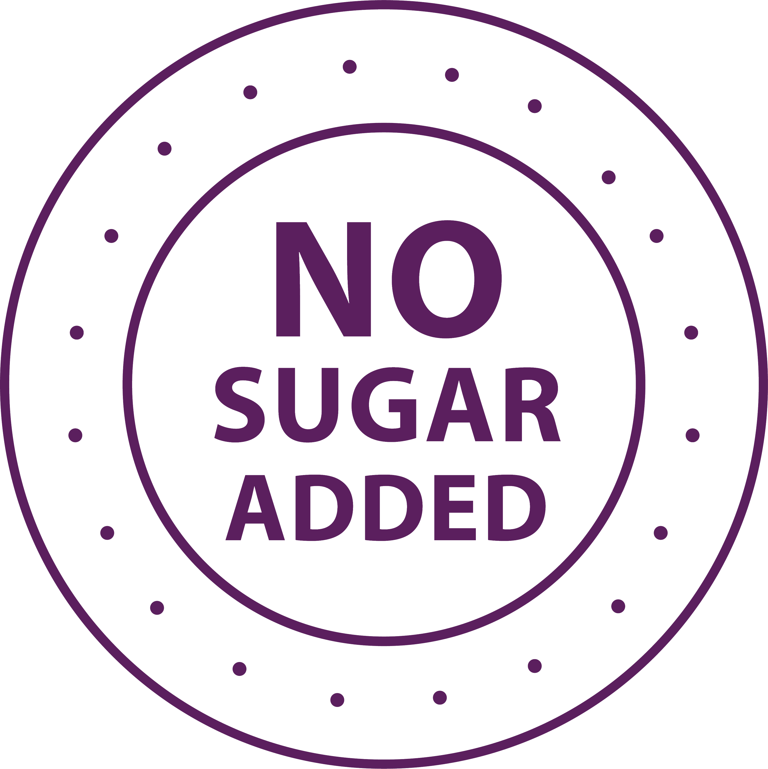 Circular label with a purple border and dots, containing the text "NO SUGAR ADDED" in purple to indicate a product with no added sugar.