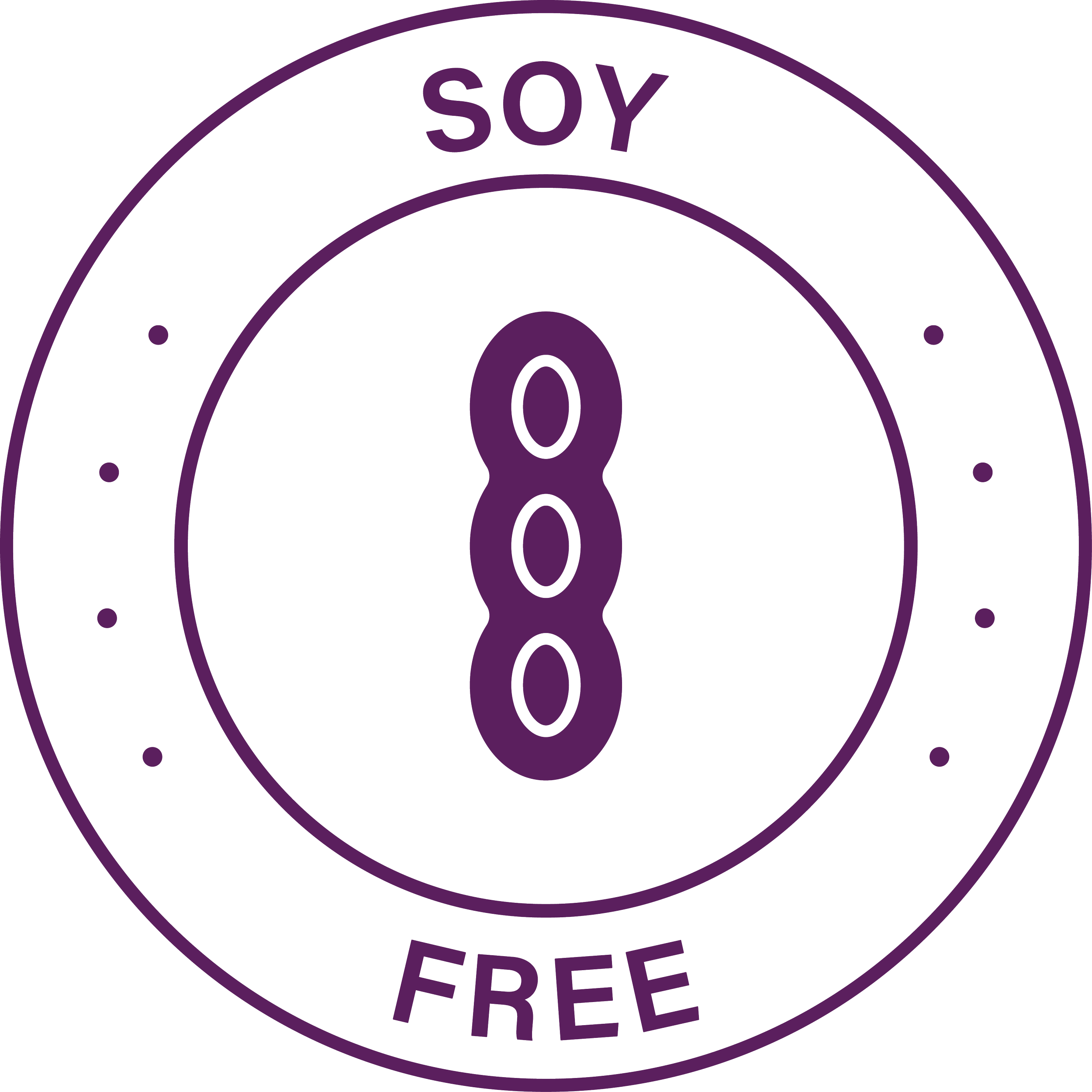 A circular emblem with the number 8 in the center, and the words 'Soy' at the top and 'Free' at the bottom, outlined in purple.
