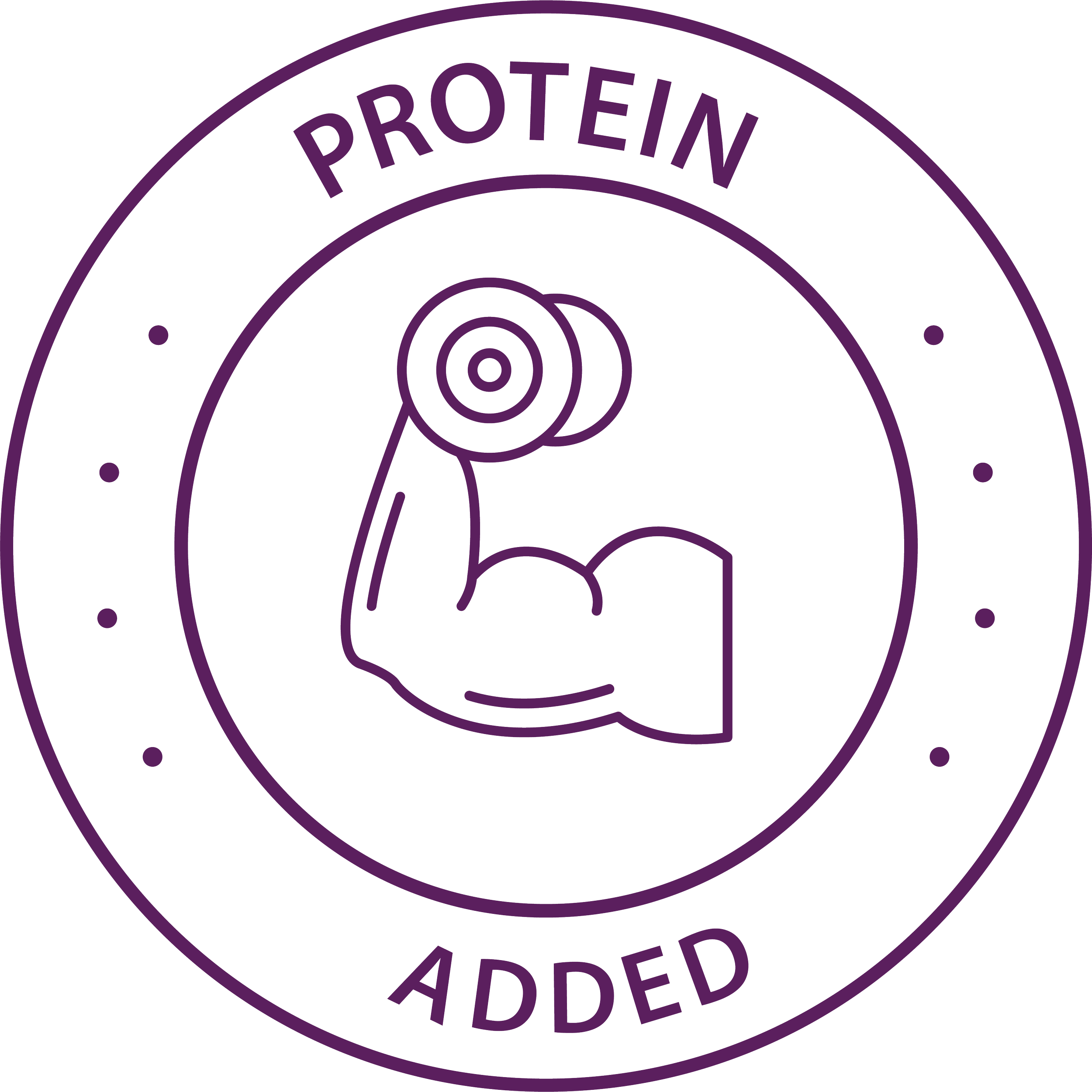 A circular icon with the words 'Protein Added' around a stylized arm flexing muscle, holding a dumbbell.