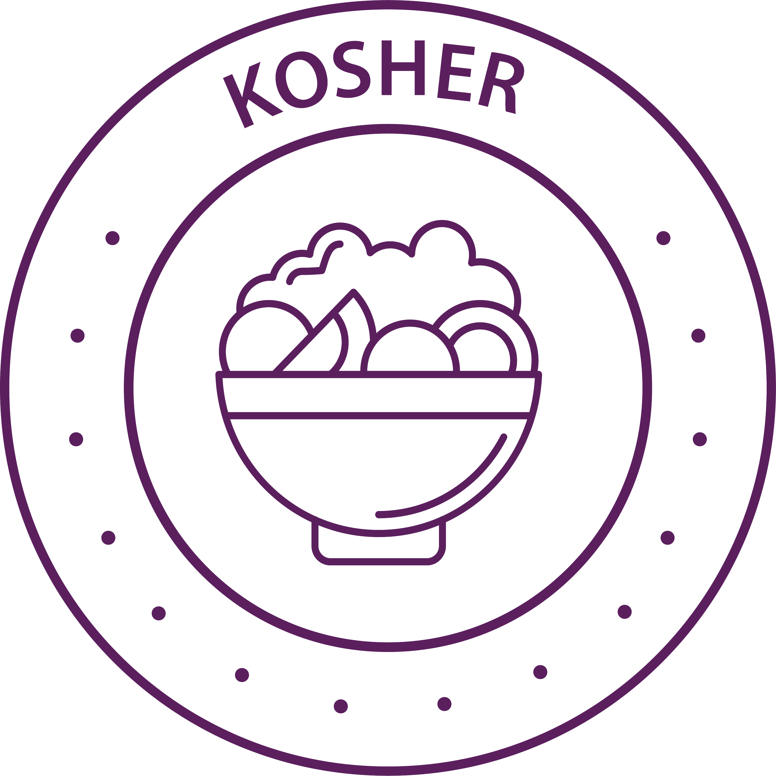 Kosher certification logo with a bowl of food in the center, surrounded by a circular border with the word 'KOSHER' at the top.