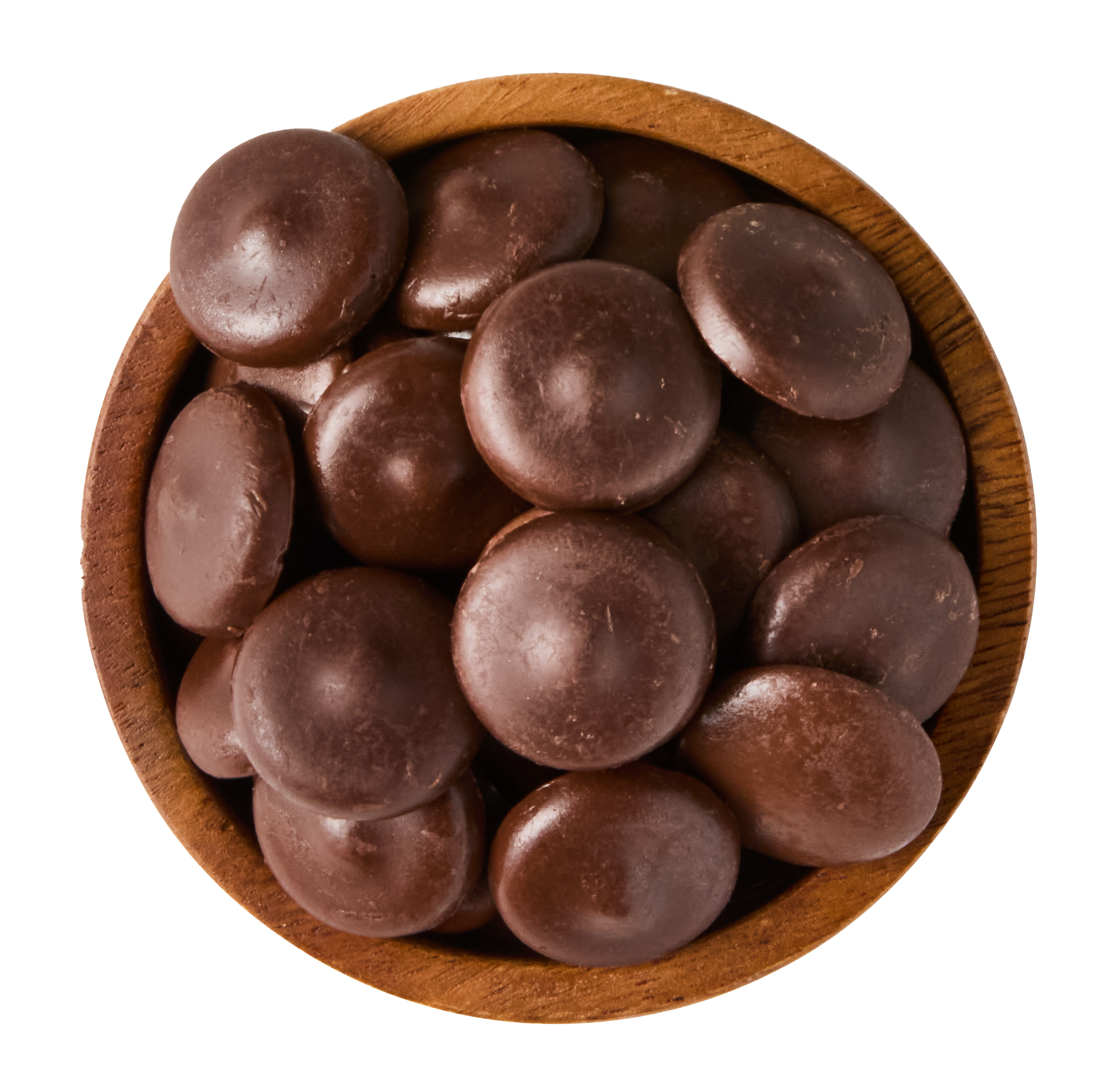 A round wooden bowl filled with glossy, dark chocolate melting wafers