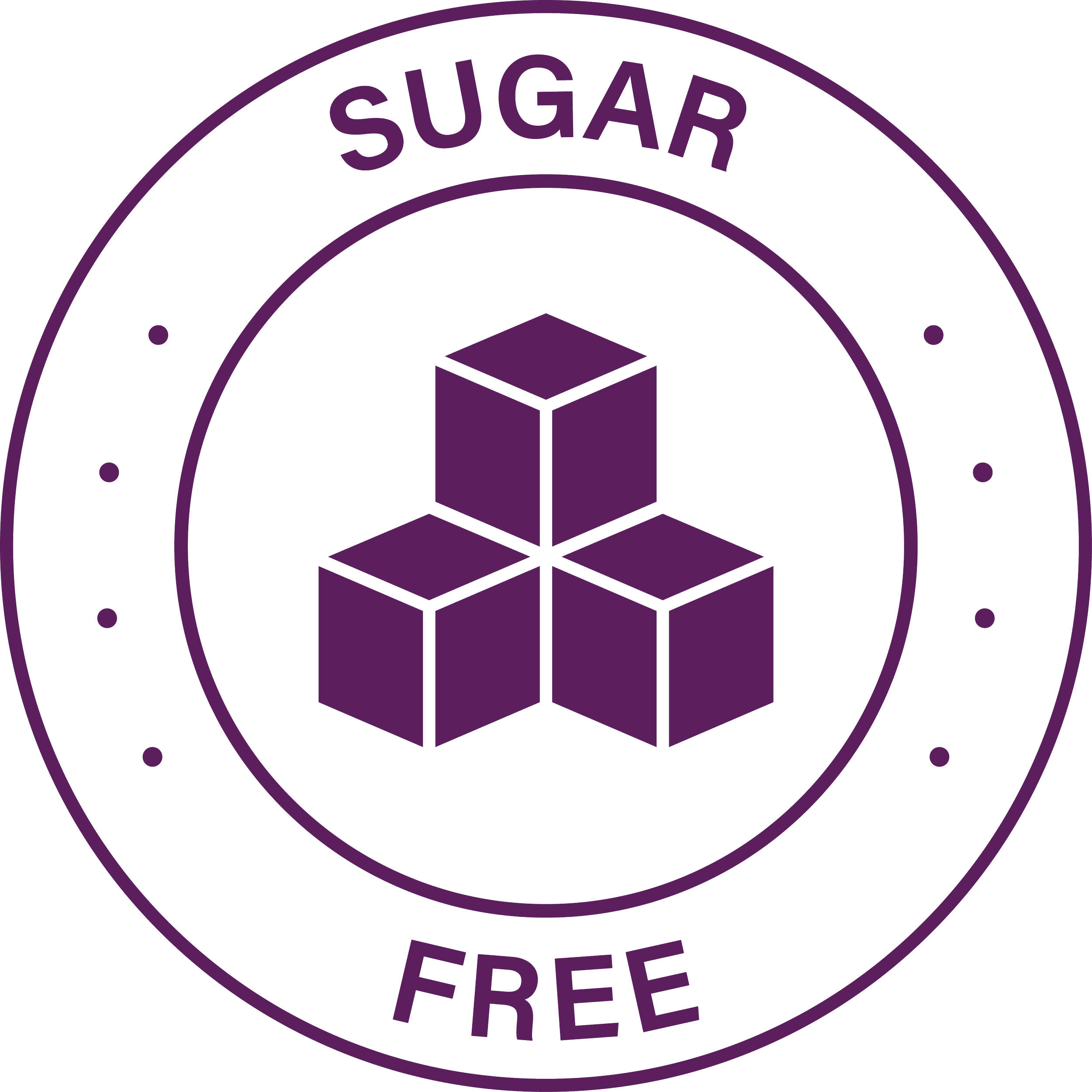 A circular logo with the words 'Sugar Free' written around the top and bottom edges, featuring a central graphic of three purple cubes arranged in a triangle shape.