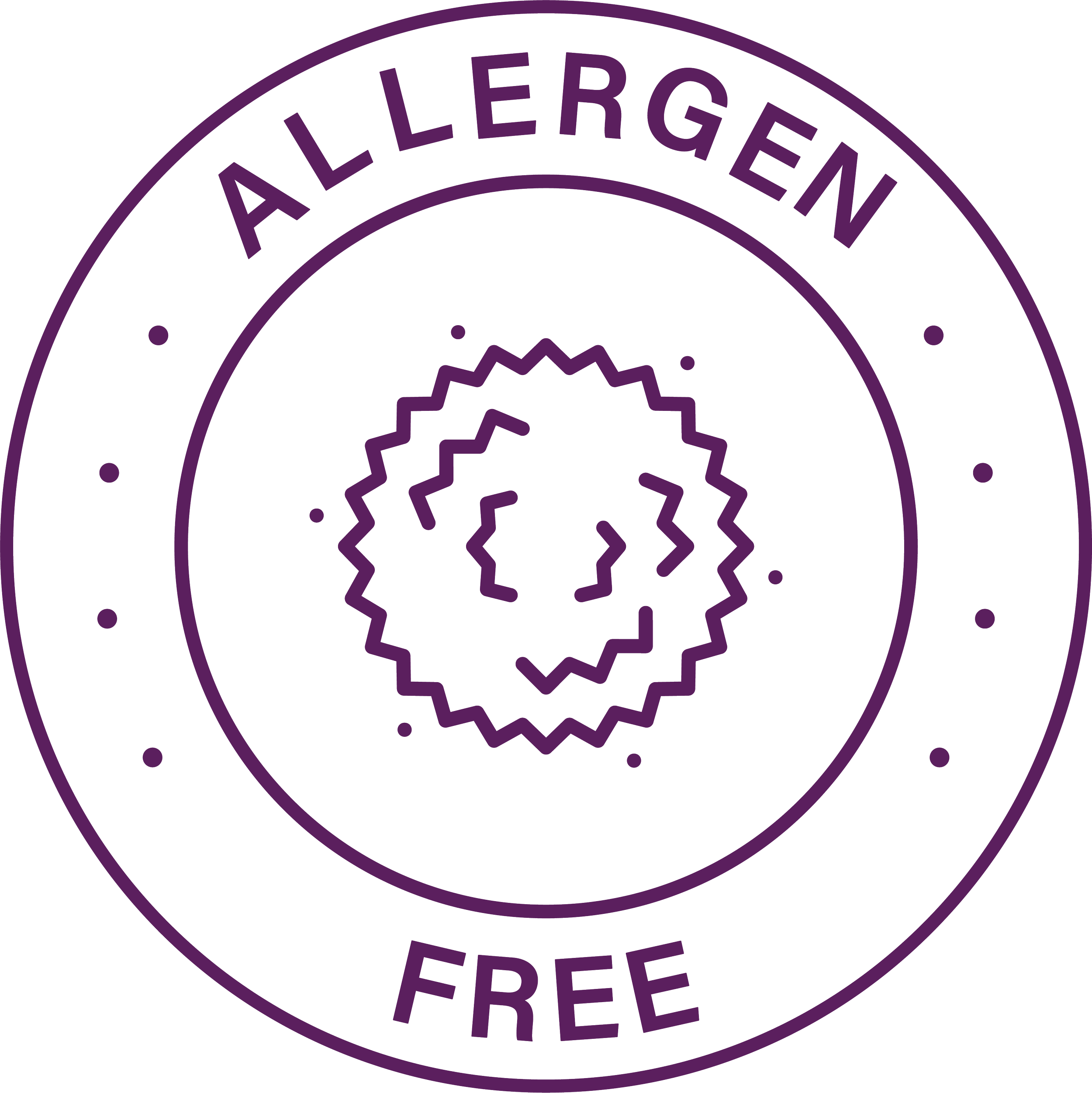 A circular badge with the words 'Allergen Free' written around the perimeter and a stylized starburst in the center.