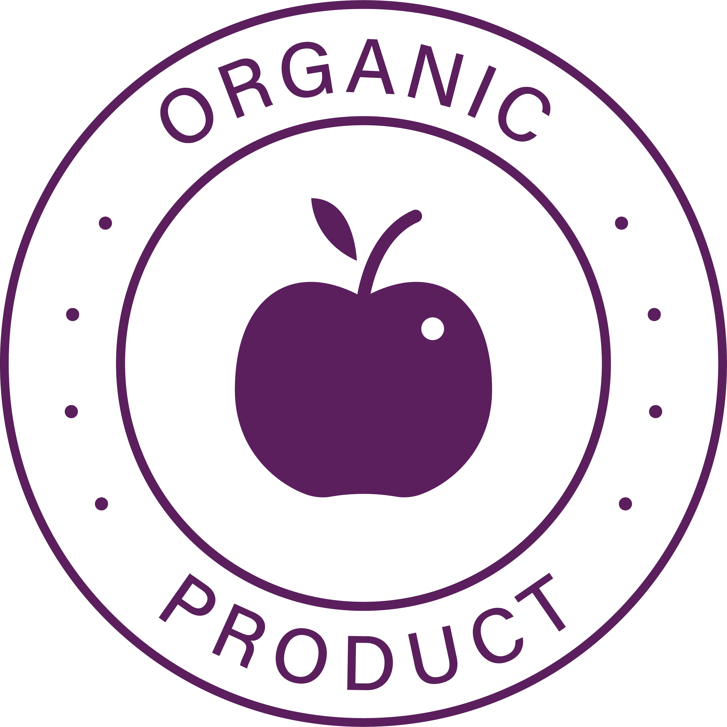 Purple organic product badge with a stylized apple icon in the center and the words 'Organic Product' around the circle