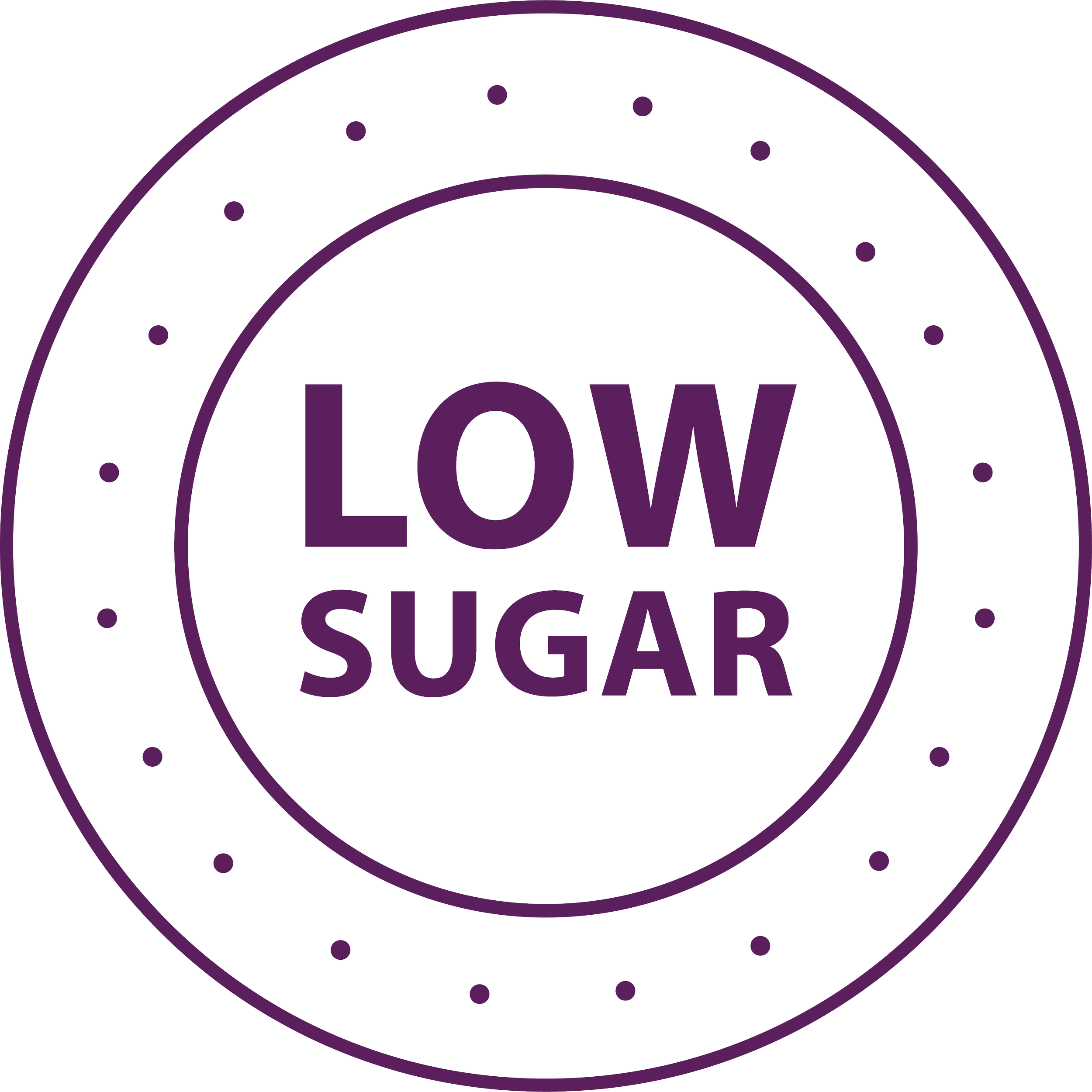 Circle badge with the words 'LOW SUGAR' in purple text on a black background, surrounded by dotted and solid purple lines.