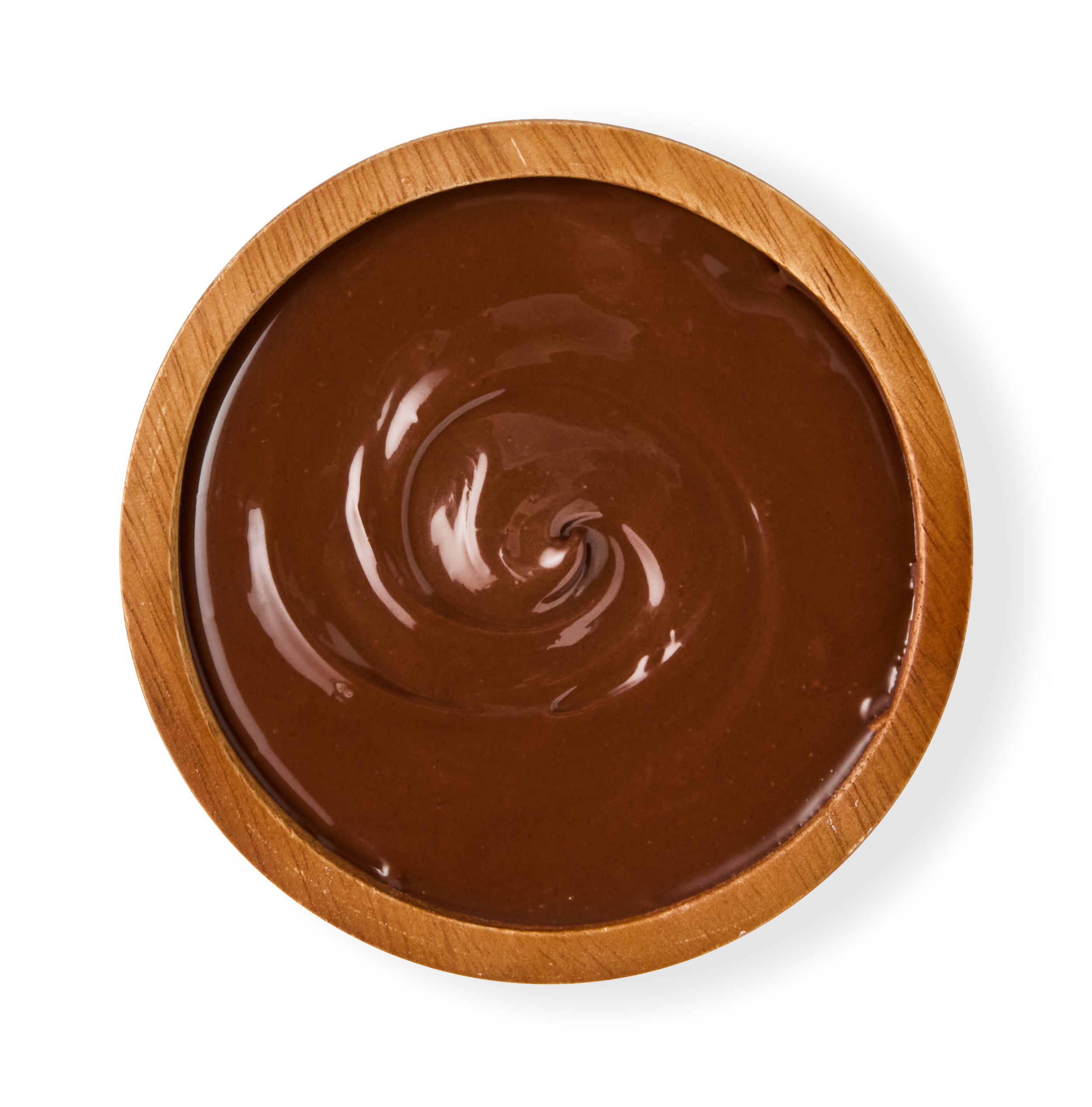 Top view of a swirl of melted chocolate in a wooden bowl against a black background.