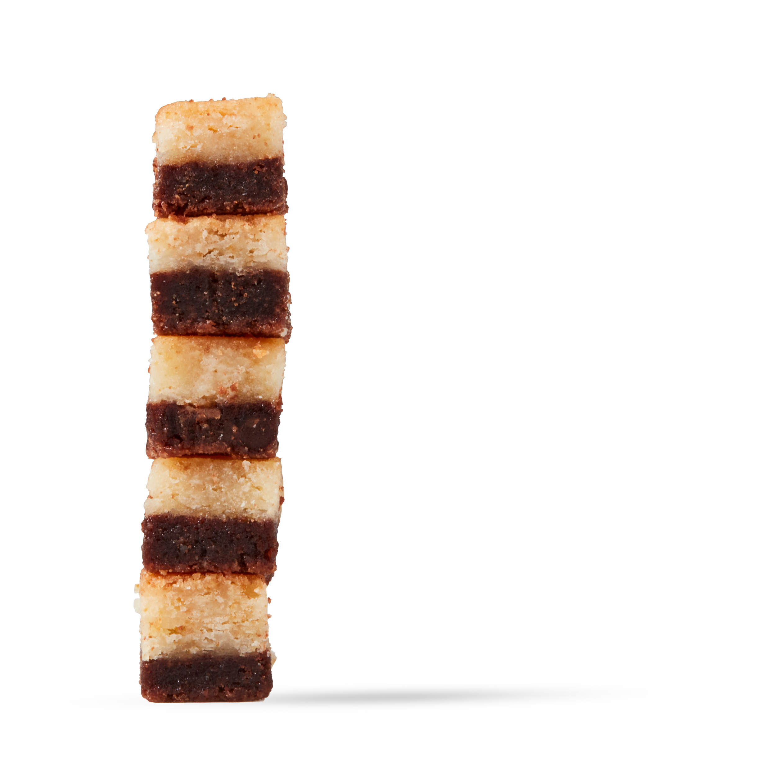 A vertical row of alternating chocolate and vanilla layered cookie bars.