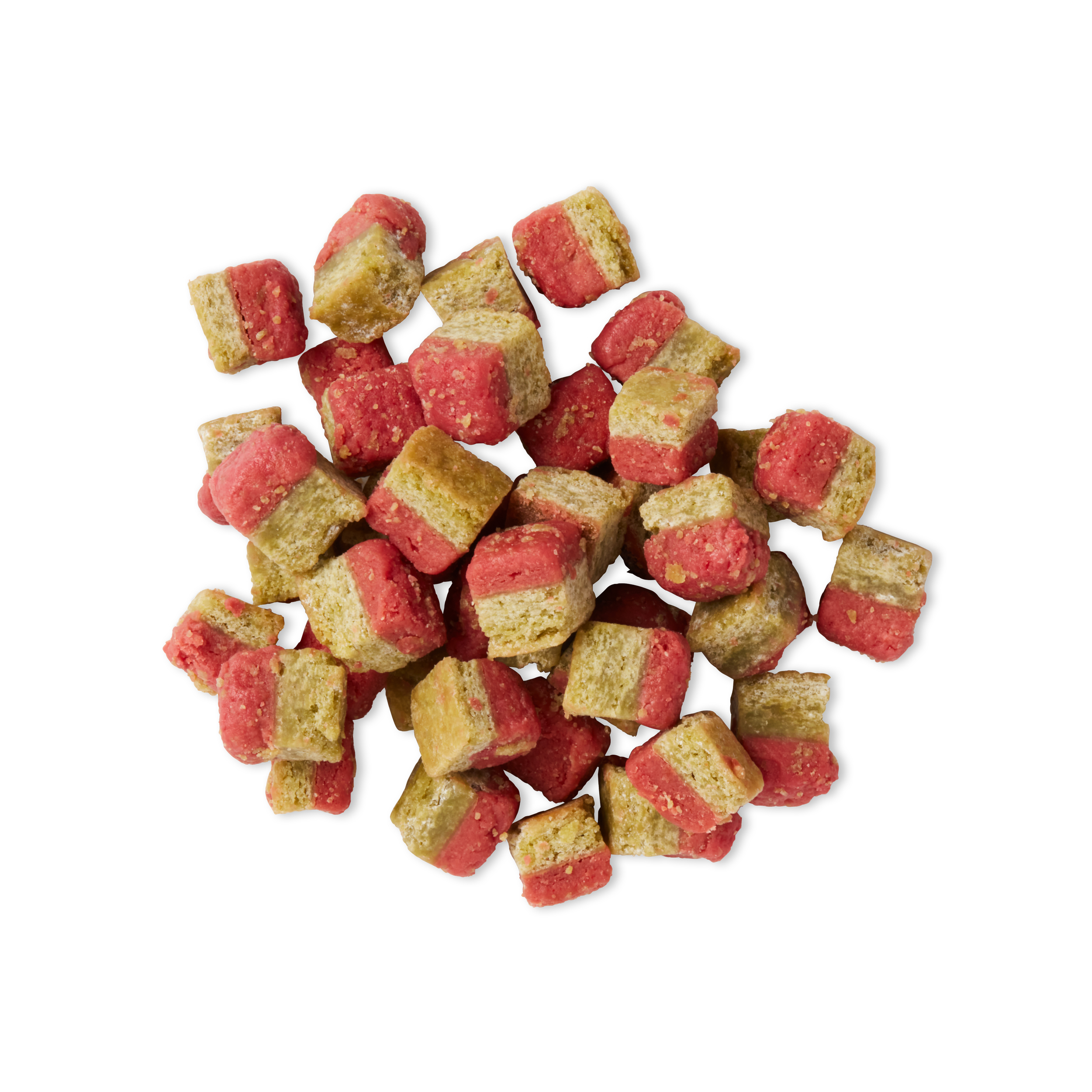 A pile of mixed watermelon and lemon-flavored frozen ice cubes on a black background.