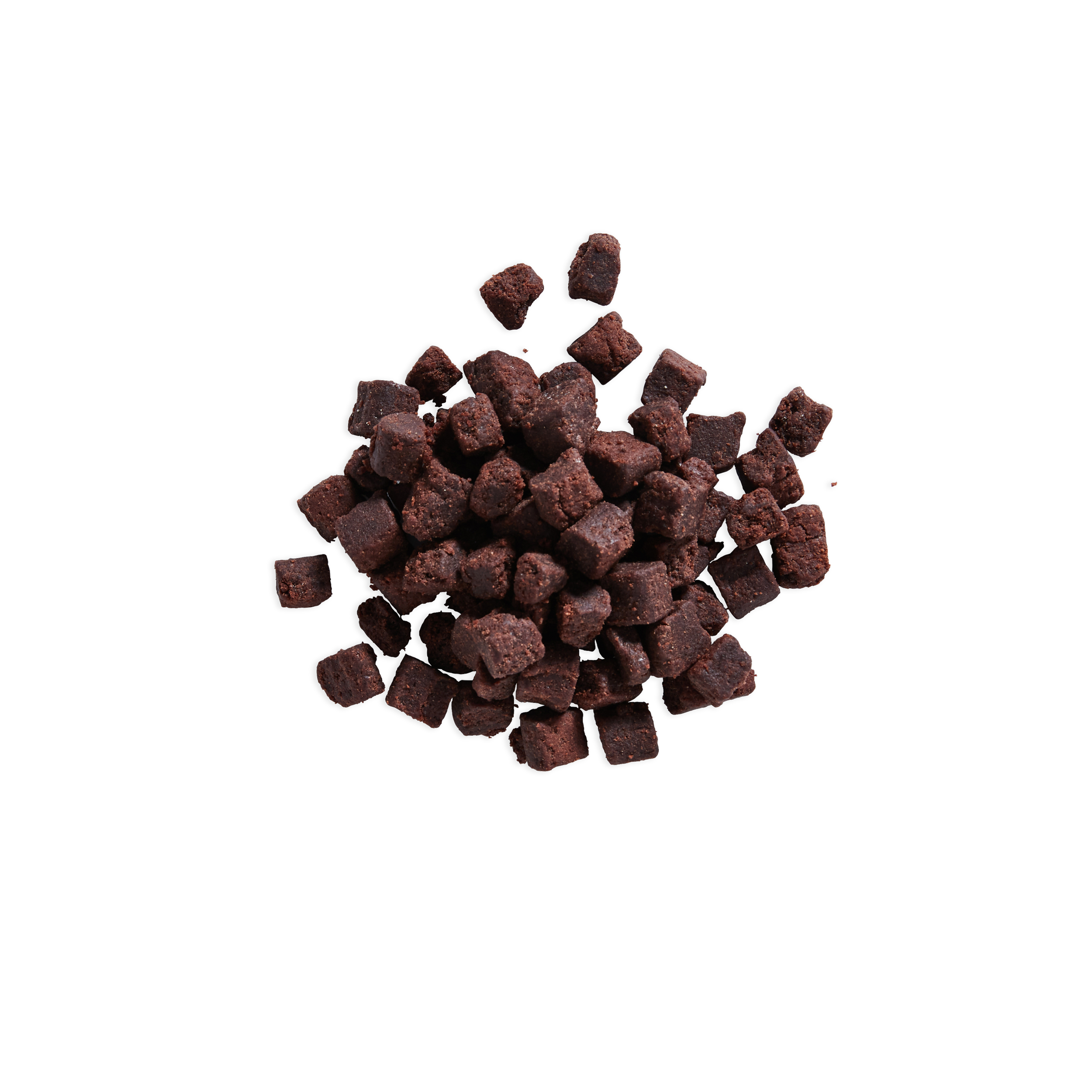 A pile of small, dark brown chocolate brownie pieces