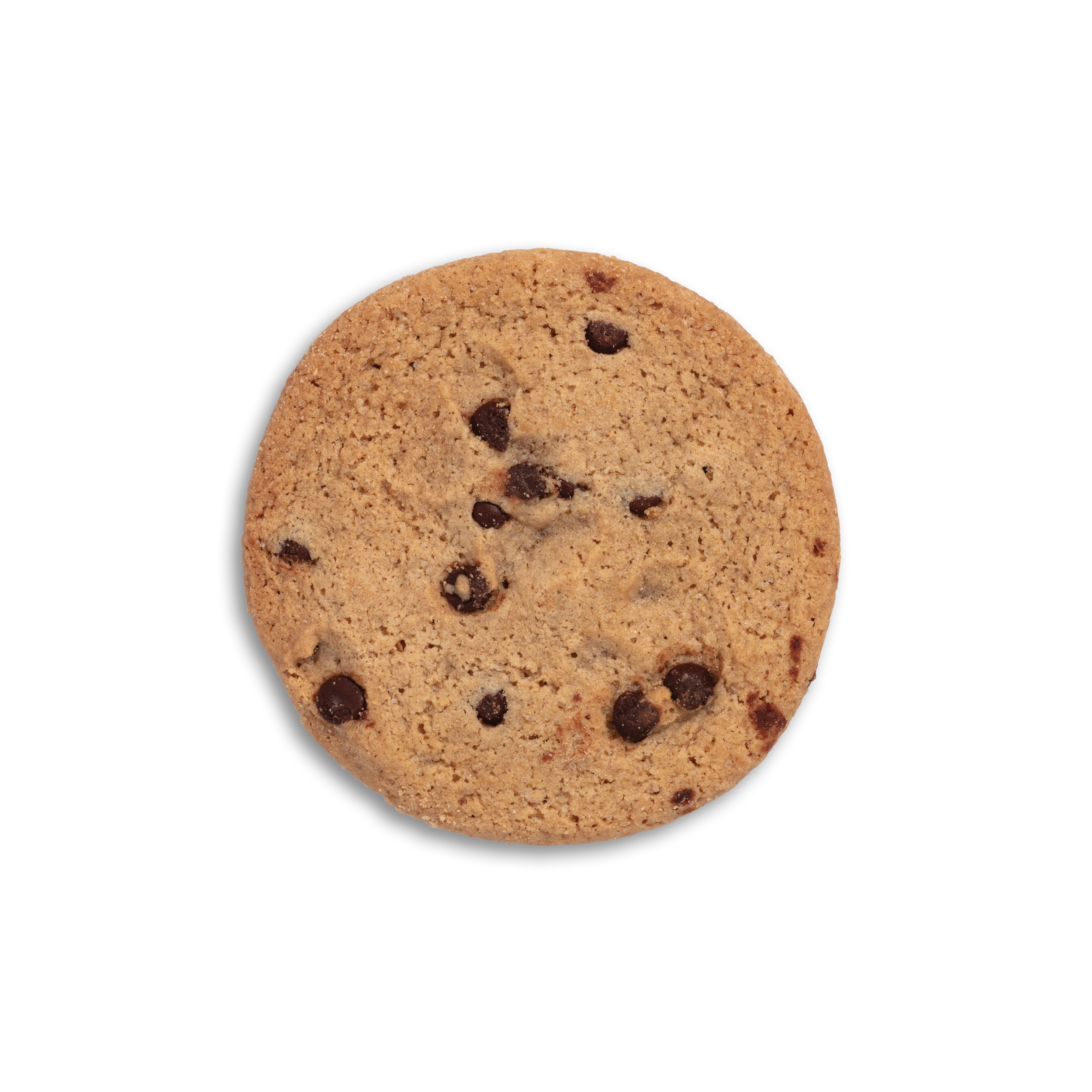 Close-up of a chocolate chip cookie on a black background.