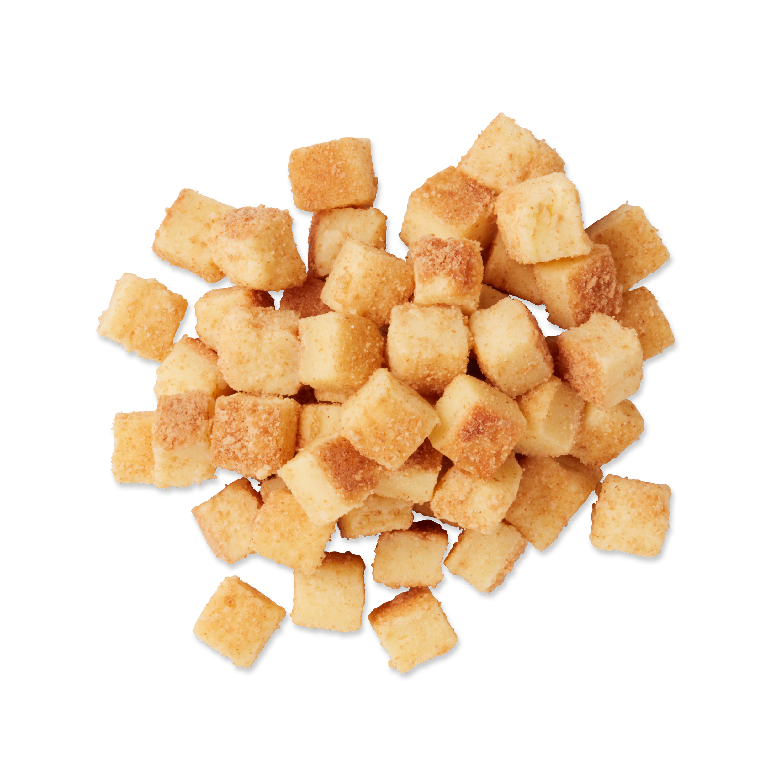 A pile of golden brown croutons on a black background.