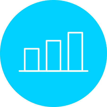 Blue circular icon with a white upward-trending bar chart.