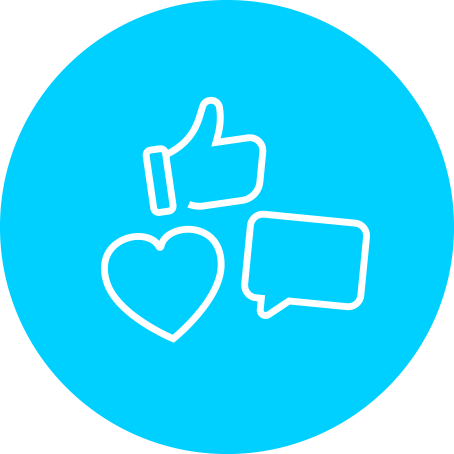 Icons of a thumbs up, heart, and speech bubble on a blue circular background.