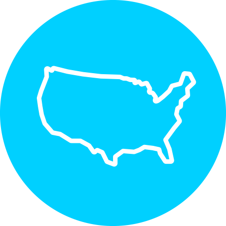 Outline of the United States on a blue circular background.