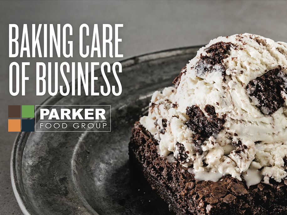 A scoop of cookies and cream ice cream on a plate, with text overlay saying 'Baking Care of Business' and the Parker Food Group logo.