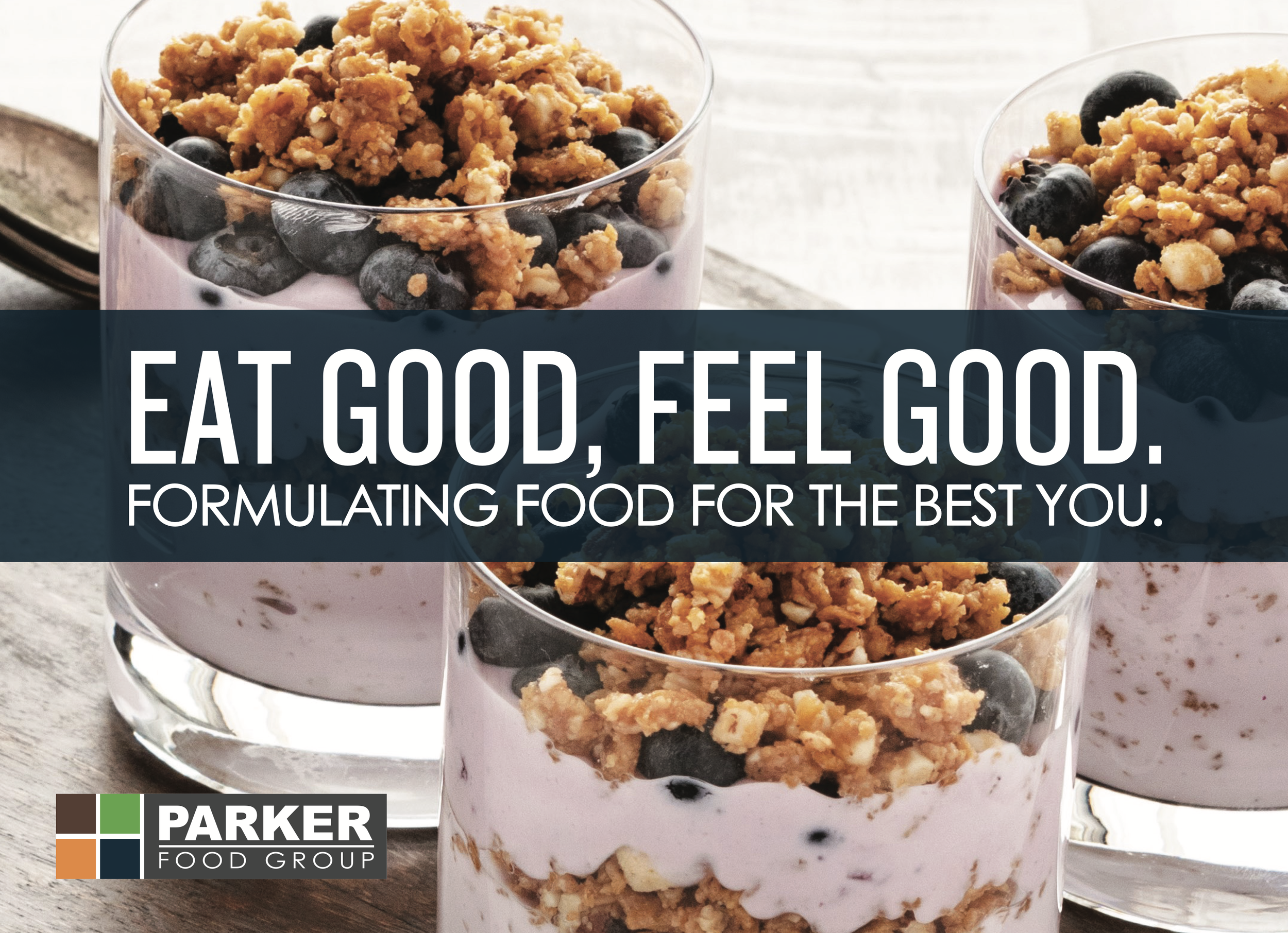 Three glasses of yogurt with blueberries and granola on a wooden surface, with a Parker Food Group logo in the bottom left corner.
