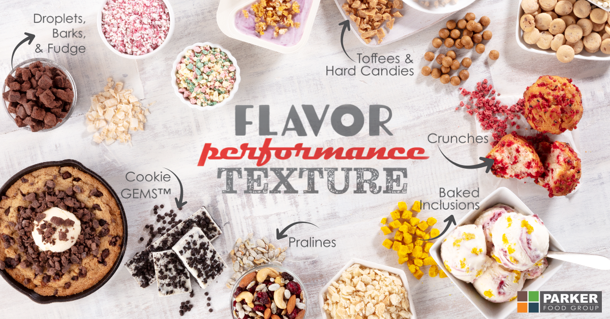 Various types of cookie toppings and ingredients on a white surface, including crushed cookies, sprinkles, toffee and candies, cookie GEMSTM, prailines, baked inclusions, and ice cream with toppings, with the words 'Flavor Performance Texture' in the center.
