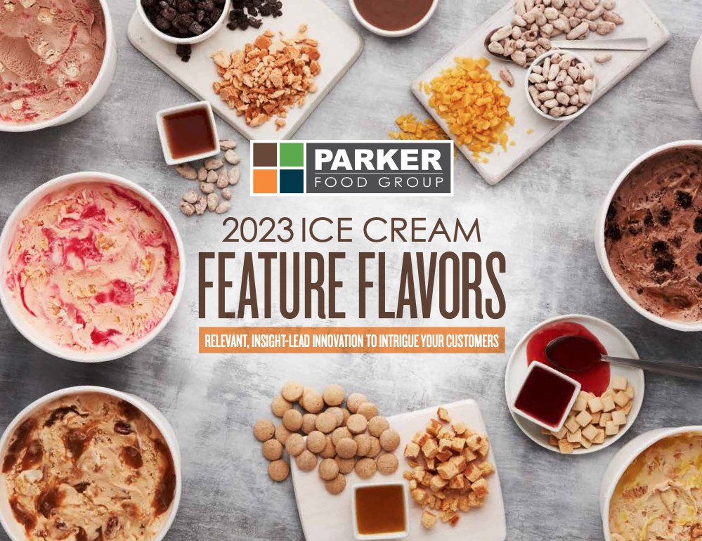 Assorted bowls of ice cream with toppings and syrups on a table, with text overlay about Parker Food Group's 2023 ice cream feature flavors.