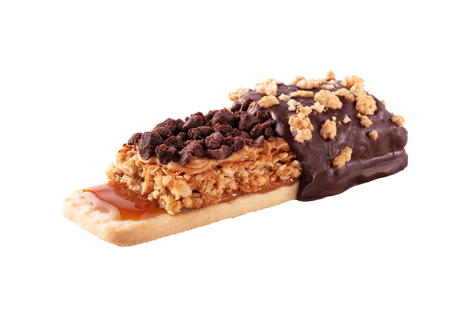 An ice cream bar with caramel, crushed cookies, chocolate coating, and chocolate chips.
