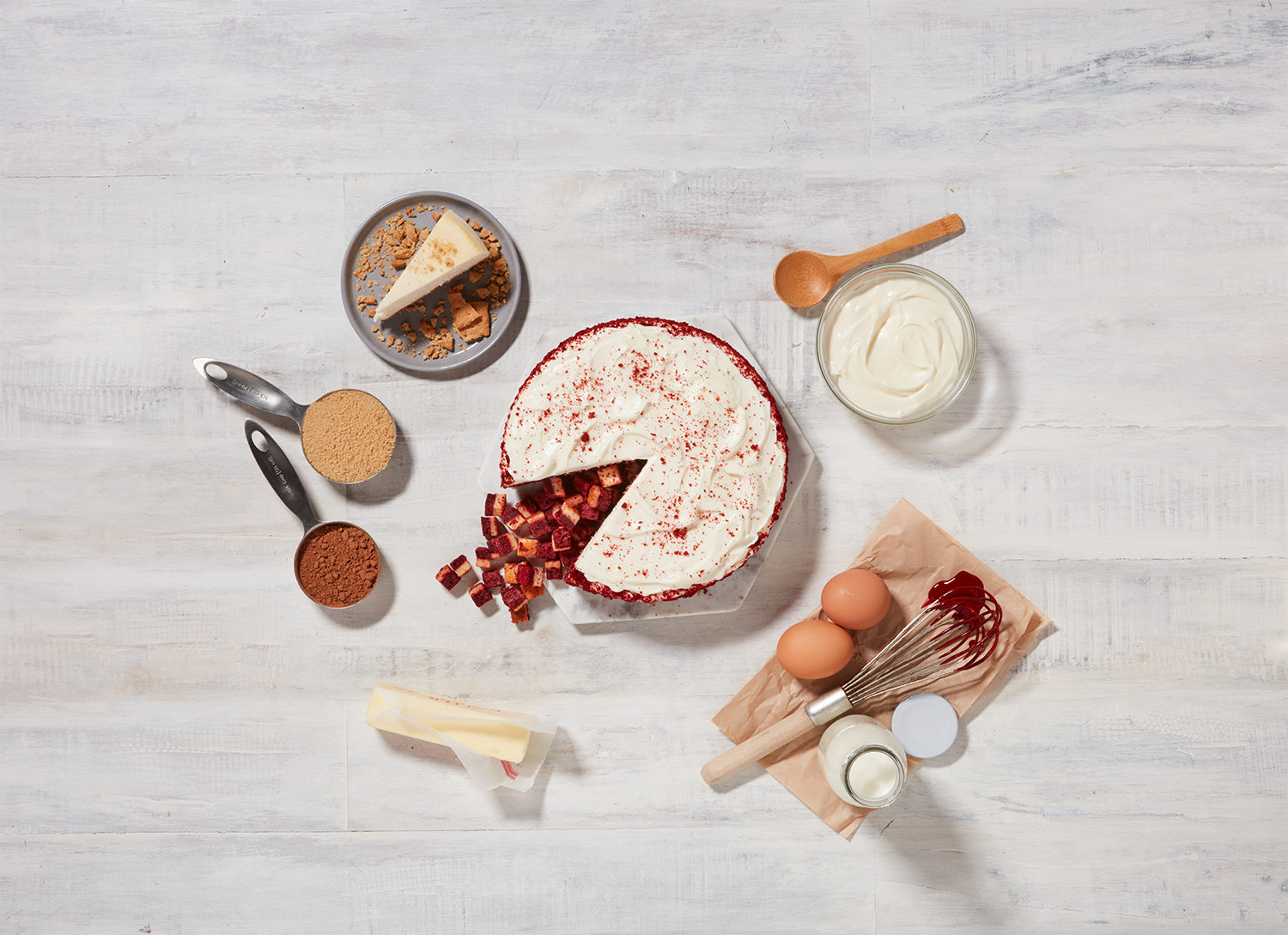 Our red Velvet Cheesecake multi-layered bar bite inclusions are made from scratch.