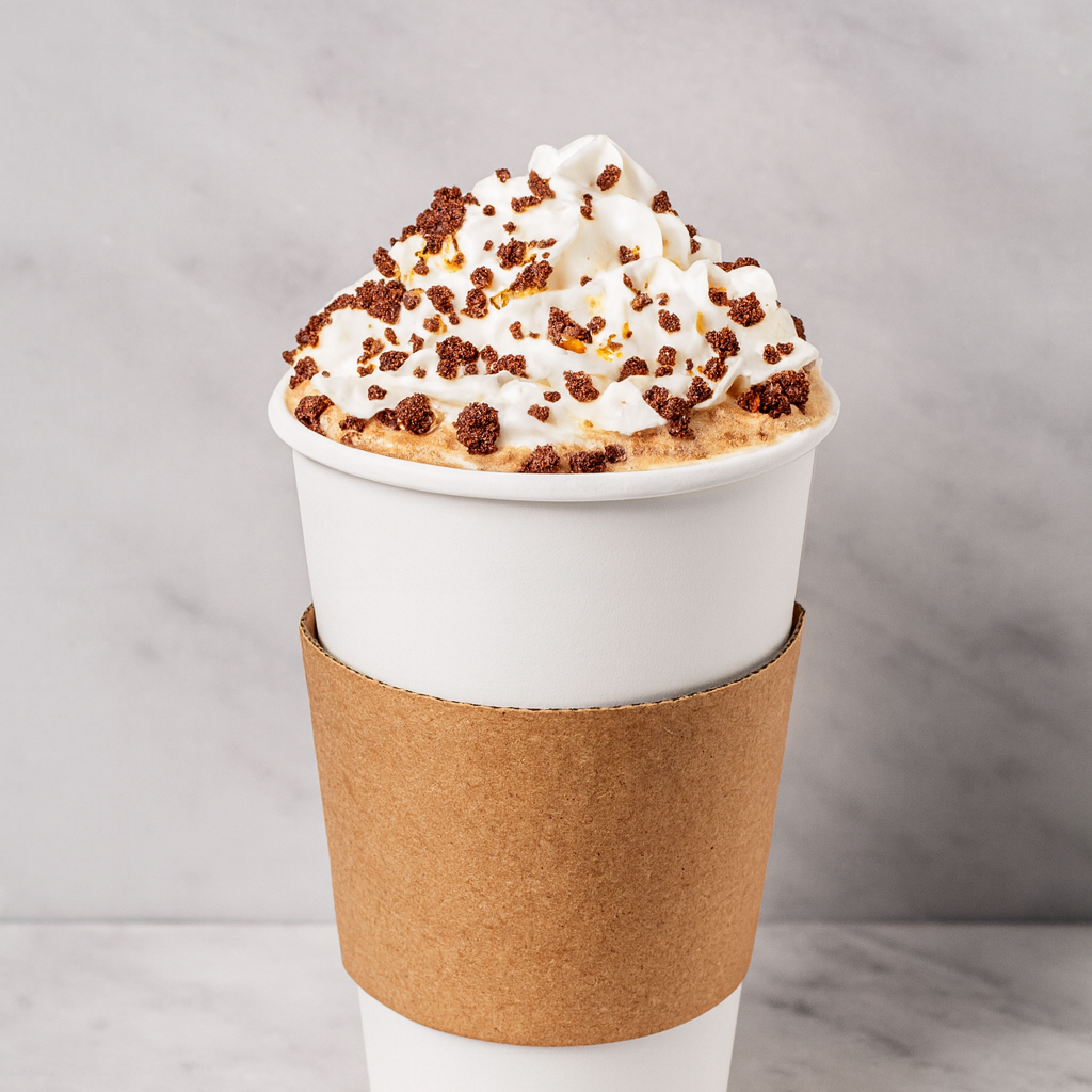 Coffee cup with whipped cream topping and chocolate crumbs