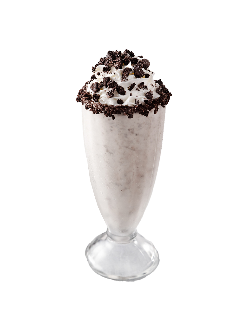 Chocolate cookies and whipped cream topped milkshake in a tall glass