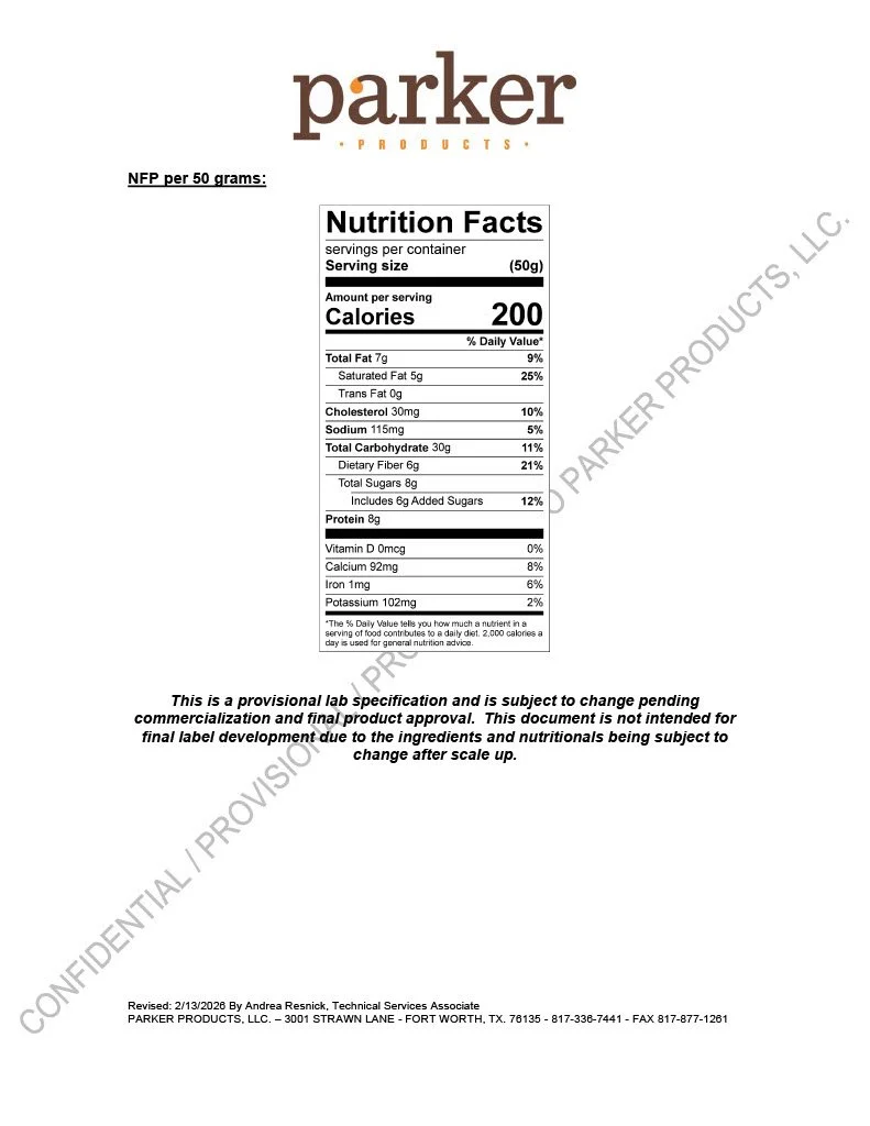 Provisional nutritional lab report for Parker Products with nutrition facts, including calories, fats, cholesterol, sodium, carbohydrates, dietary fiber, sugars, protein, vitamins, and minerals, with a disclaimer about readiness and approval.