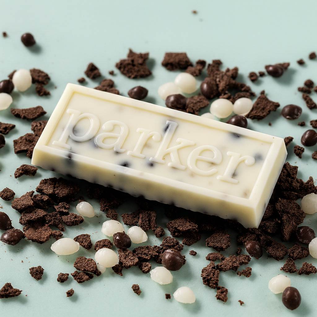 A white chocolate bar with the word "baker" engraved, surrounded by broken chocolate pieces and small white and dark chocolate-covered candies on a light blue background.