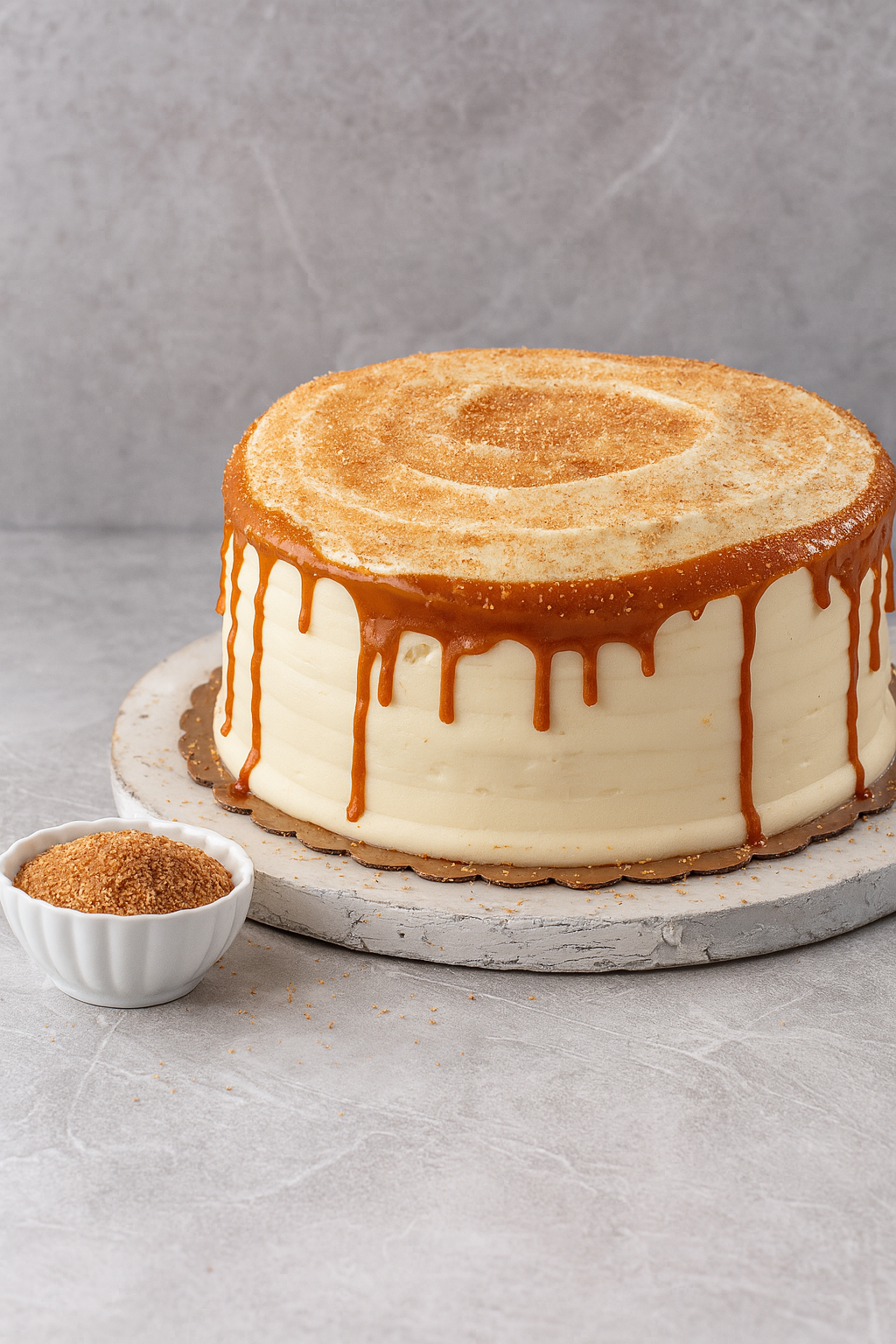 A round cake with white frosting, topped with a cinnamon sugar coated apple ring and caramel drizzle. Accompanied by a small dish of cinnamon sugar on the side.