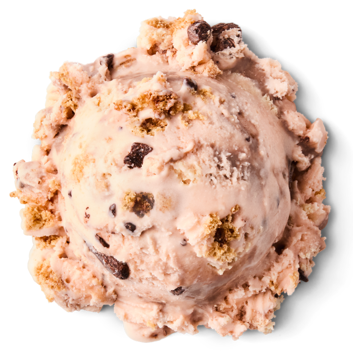 A scoop of cookies and cream ice cream with chocolate cookie chunks and cookie crumbles on top.